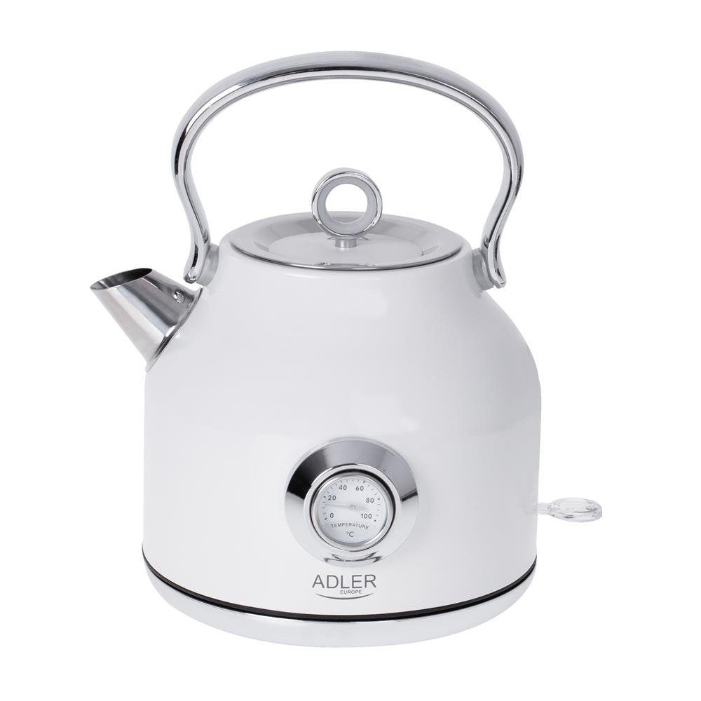 ADLER EUROPE Wasserkocher AD 1346 Retro-Wasserkocher mit Thermometer, 1,7 l, 2200 W, Edelstahl Teekessel, STRIX, Kalkfilter, Temperaturanzeige, weiß