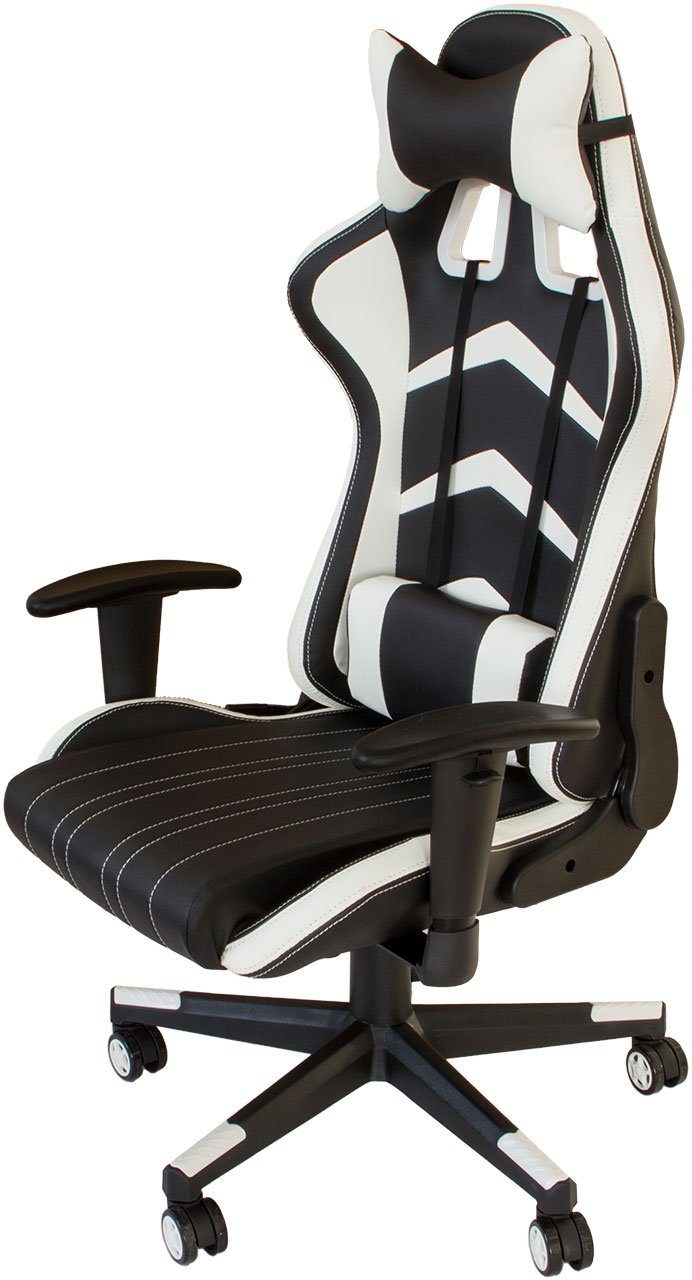 NATIV Haushalt Gaming-Stuhl Gaming-Stuhl mit Nachen- und Rückenkissen (Stück), Nacken- und Rückenkissen verstellbar, Racing Design, verstellbare Rückenlehne, Wipp-Mechanismus weiß-schwarz