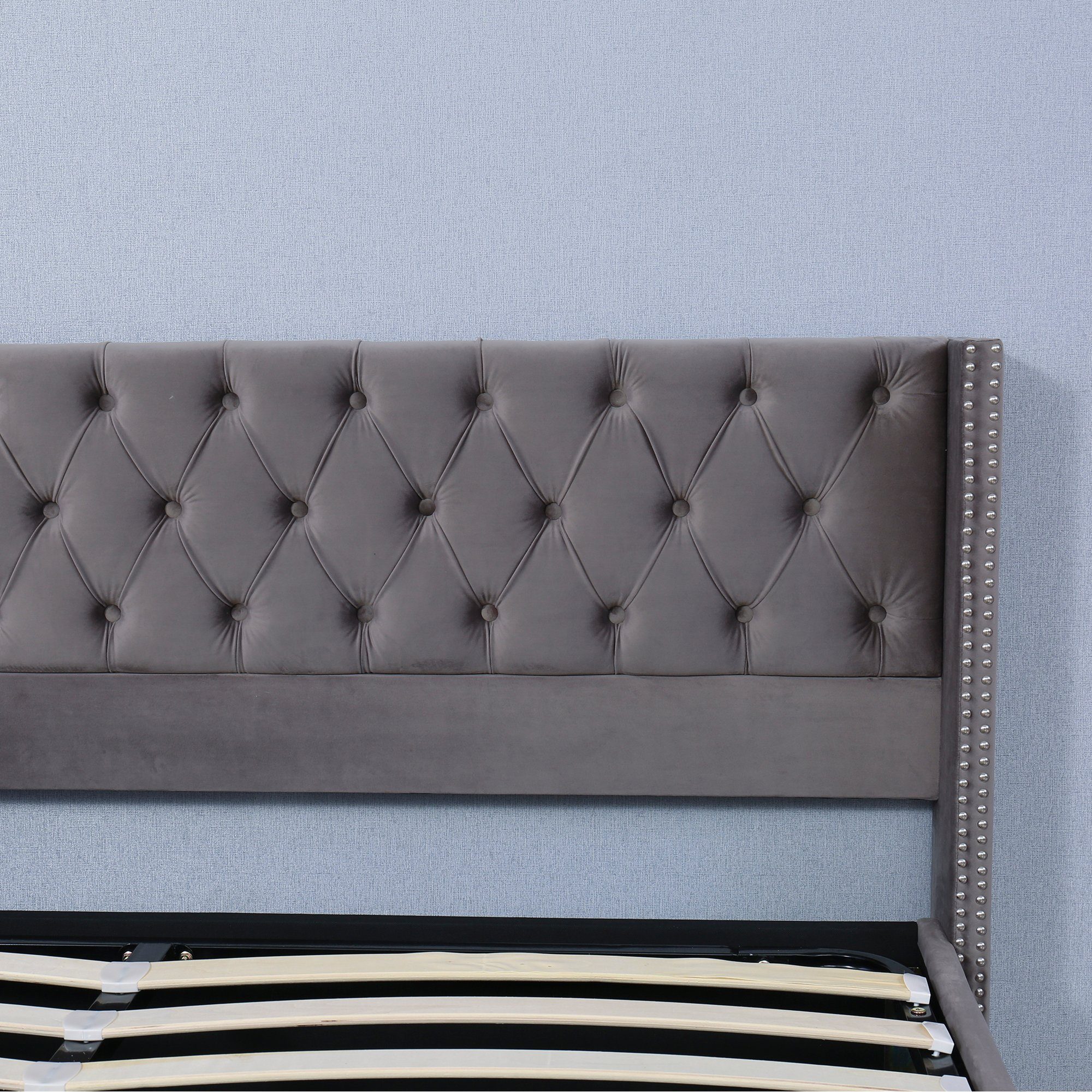 Boxspringbett, Hydraulisches Polsterbett Doppelbett mit Bettkasten und Lattenrost, 180 x 200 cm Funktionsbett, Grau Samtbezug, Gepolstertes Kopfteil, ohne Matratze