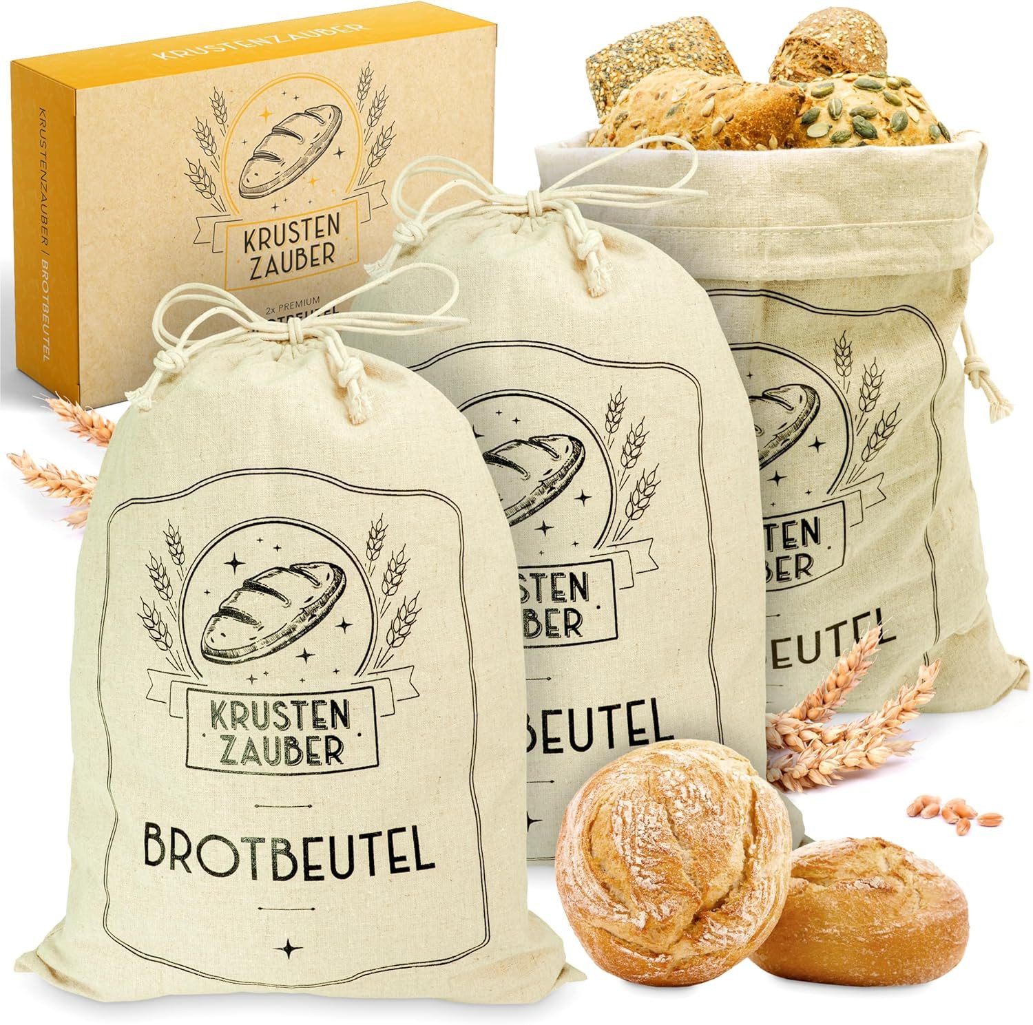 Krustenzauber Brottasche Brotbeutel Leinen Set - Leinenbeutel 40x30cm, (zur Brotaufbewahrung - Idealer Brotsack, Brötchenbeutel, Brot Backen Zubehör, 3-tlg., Brotsackerl Brottasche Brot Aufbewahrung Frischhalten)