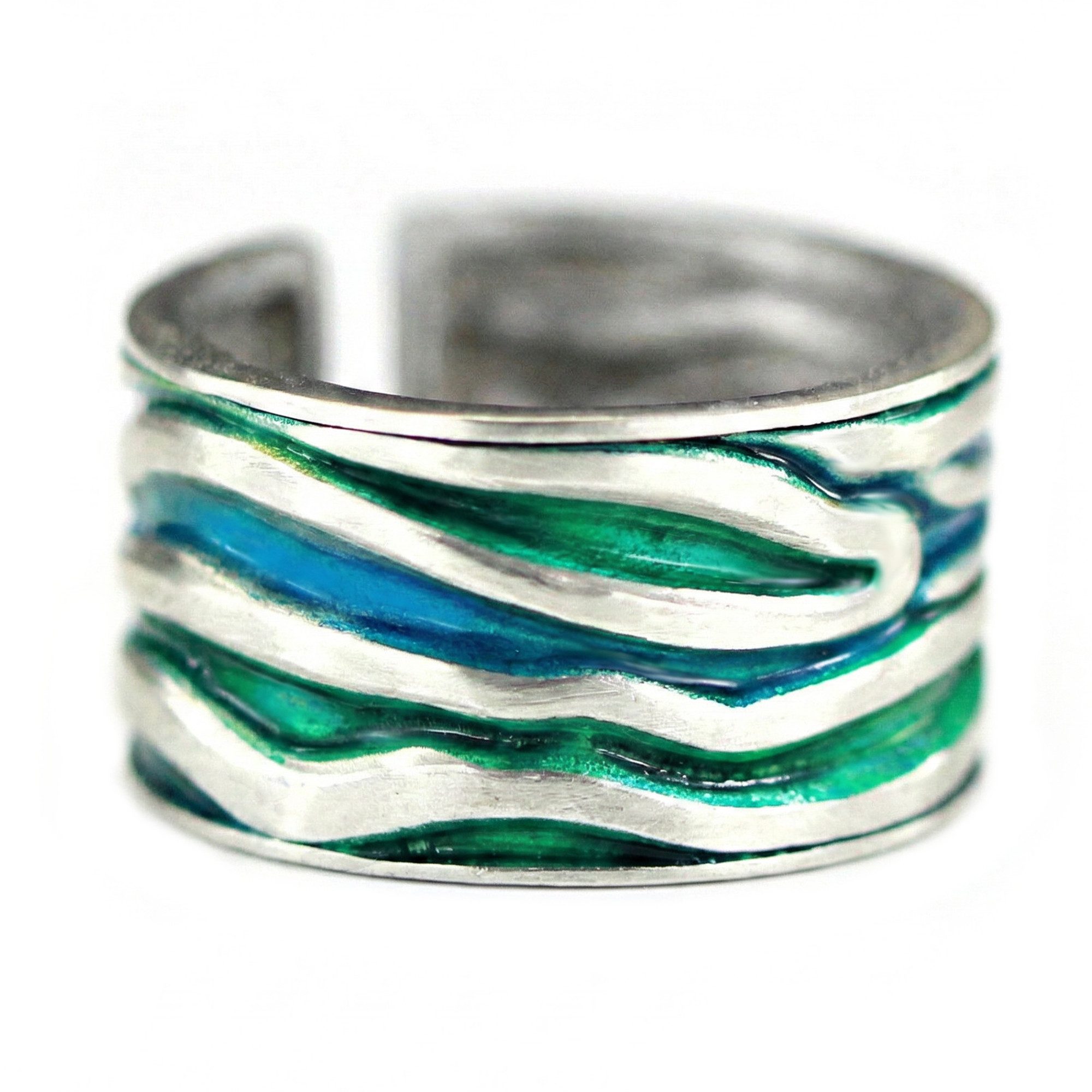 Villa Sorgenfrei Schmuckmanufaktur Silberring MEERES Ring. Sterling Silber Wellen Ring mit grün blauer Emaille