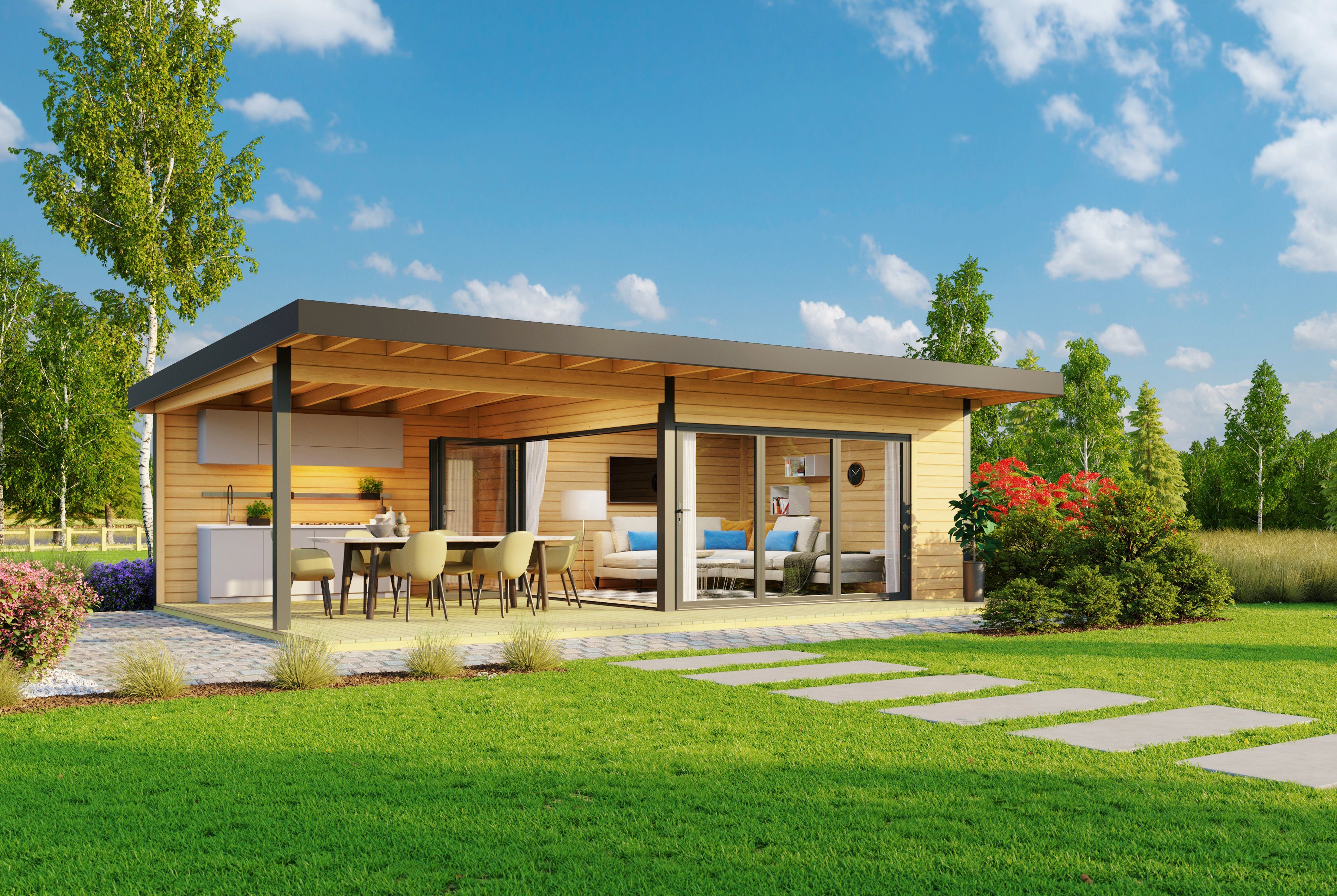 LASITA MAJA Gartenhaus DOMEO 10 NATUR/ANTHRAZIT, BxT: 890x590 cm, (Set), mit Anbau, Fundamentmass 4000+4500 x 4500, Naturbelassen