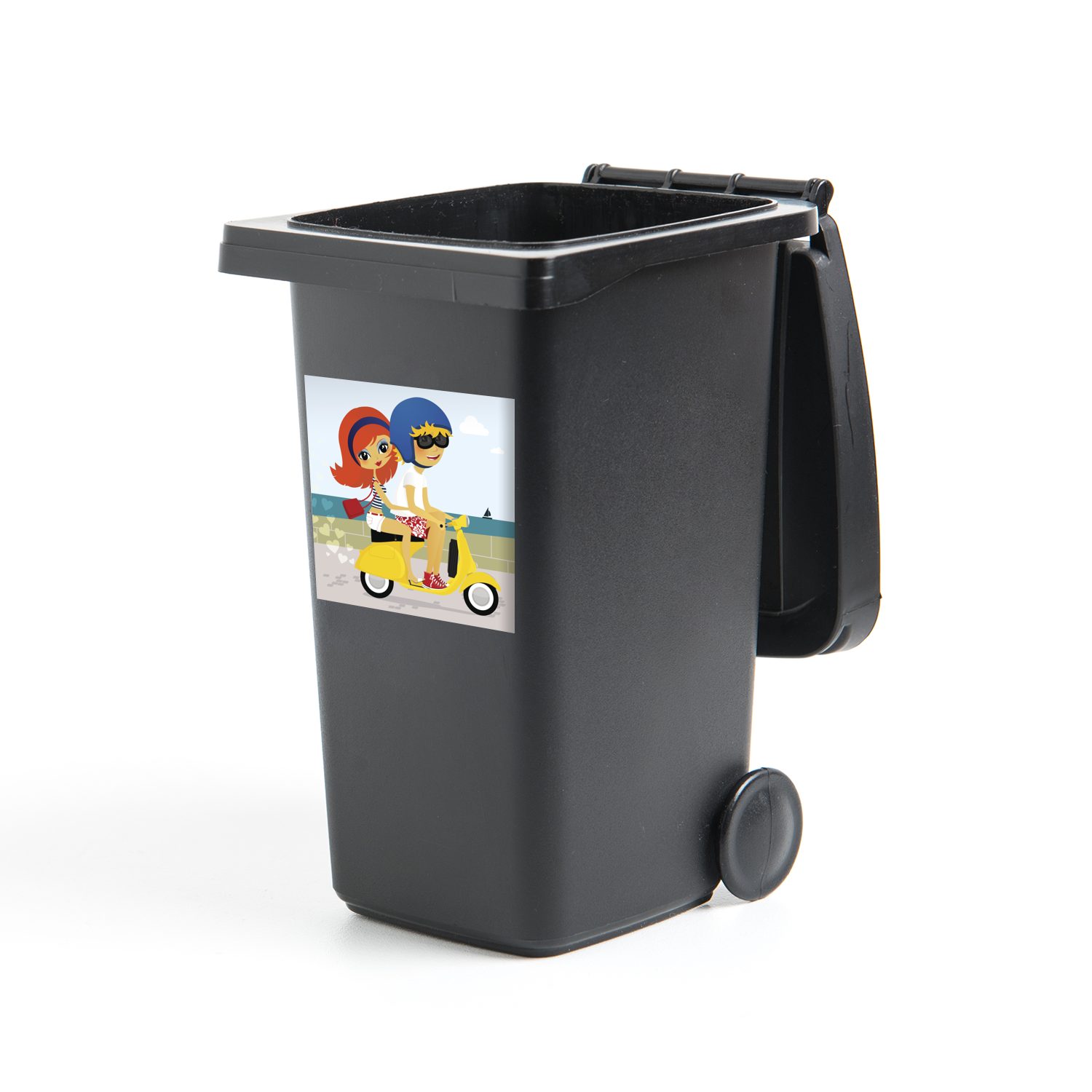 MuchoWow Wandsticker Illustration von zwei Personen auf einem Vespa-Roller (1 St), Mülleimer-aufkleber, Mülltonne, Sticker, Container, Abfalbehälter