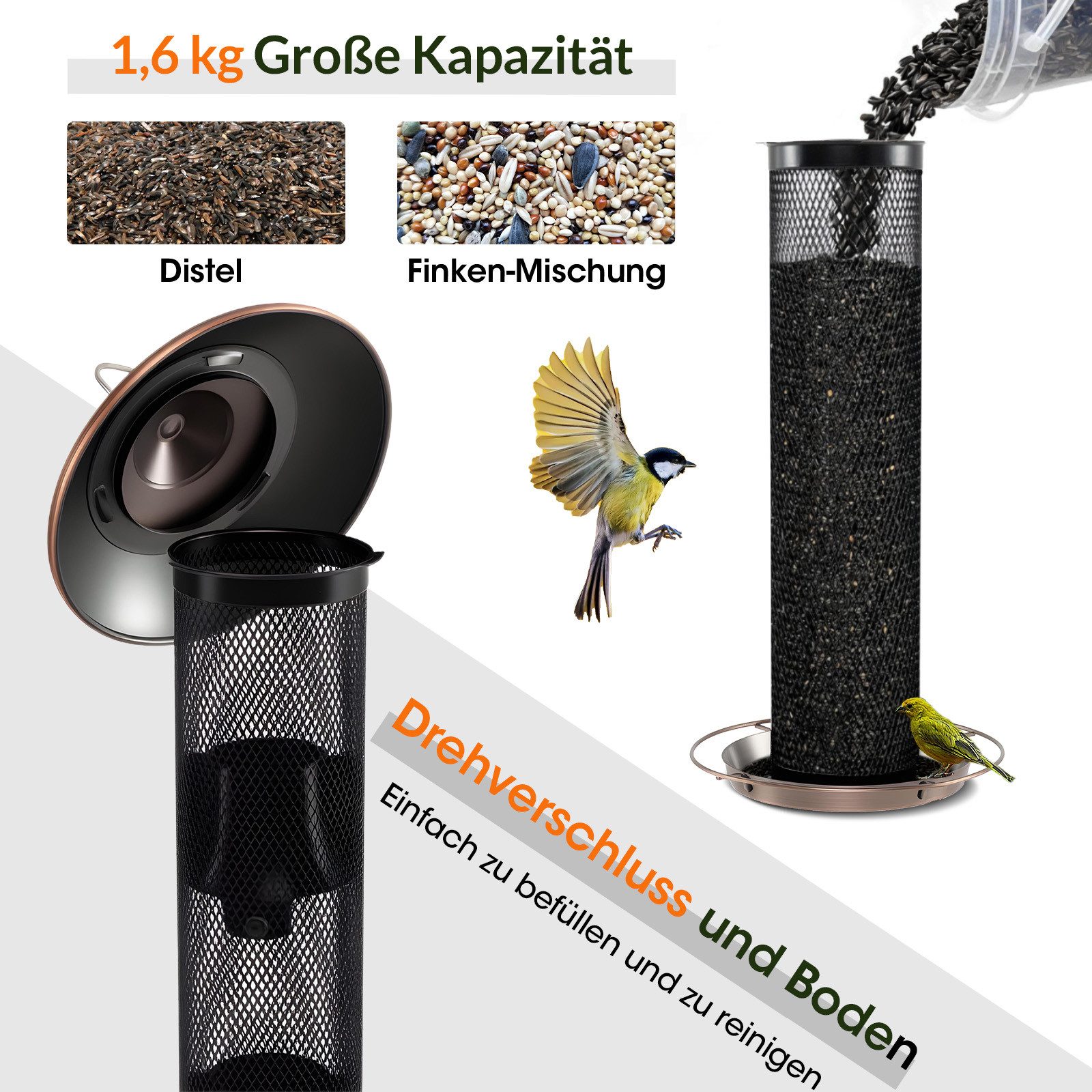 COSTWAY Futterspender, Vogelfutterhaus zum Aufhängen, Vogelfutterspender, Metall