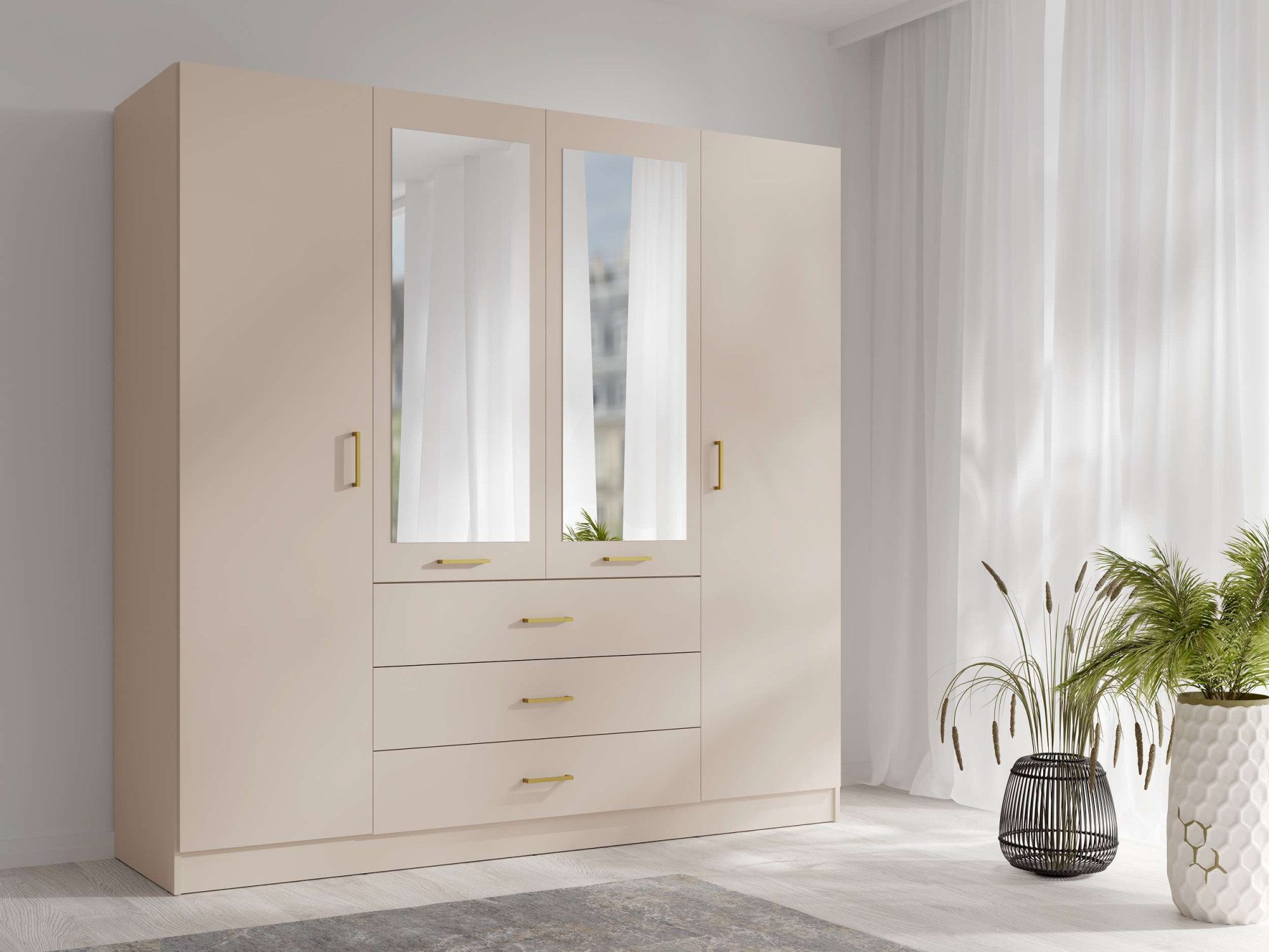 OTTO home Kleiderschrank Kleiderschrank mit 4 Türen, goldenen Griffen, Maße B/H/T 200/200/58 cm