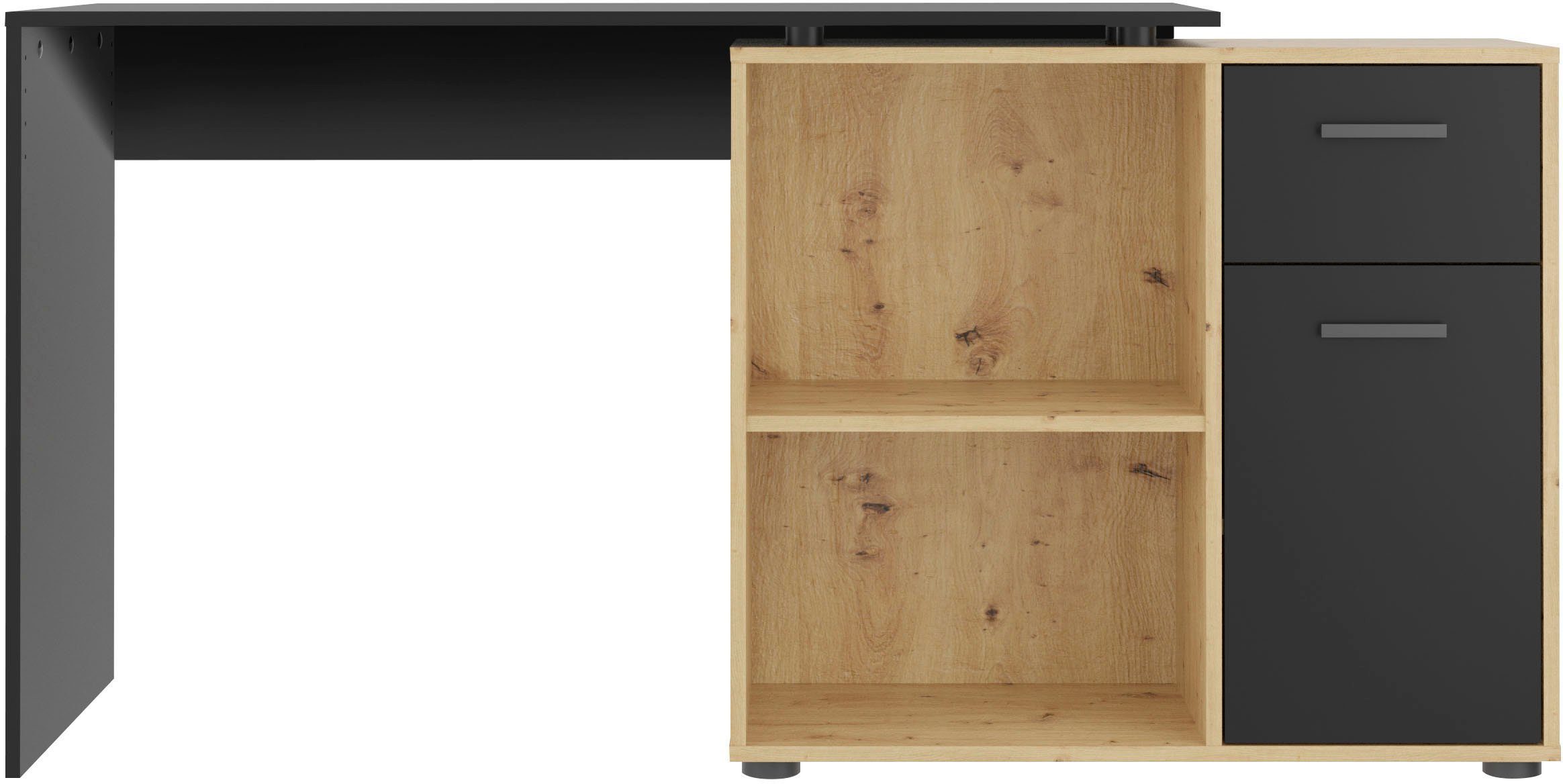 FMD Eckschreibtisch AUGSBURG, Schreibtisch/ Sideboard m. Stauraum, beids. montierb., 117 oder 148 cm