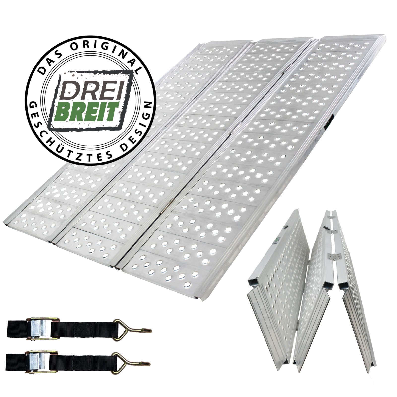 TRUTZHOLM Auffahrrampe Alu 255 x 115 cm 1020 kg Traglast 2-fach klappbar gelocht extra breit (1-St., Inkl. 2x Spanngurt), Extrabreite Verladerampe, 2-fach zusammenklappbar