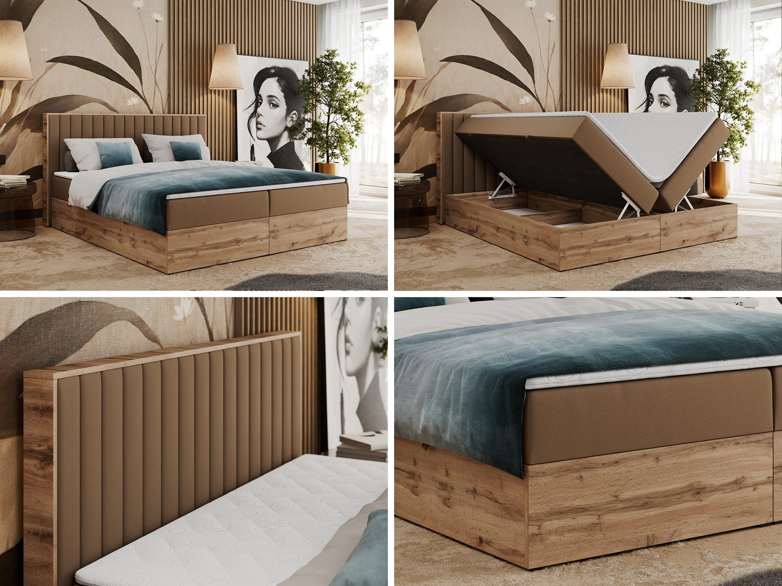 MKS MÖBEL Boxspringbett ALBERO 4 (Set, Packung, Kopfteil, Topper T25/Visco, Bettkästen, T30-Schaum, Polsterbett), mit Bettkasten, Doppelbett mit Kopfstütze, Möbelplatten, Matratze