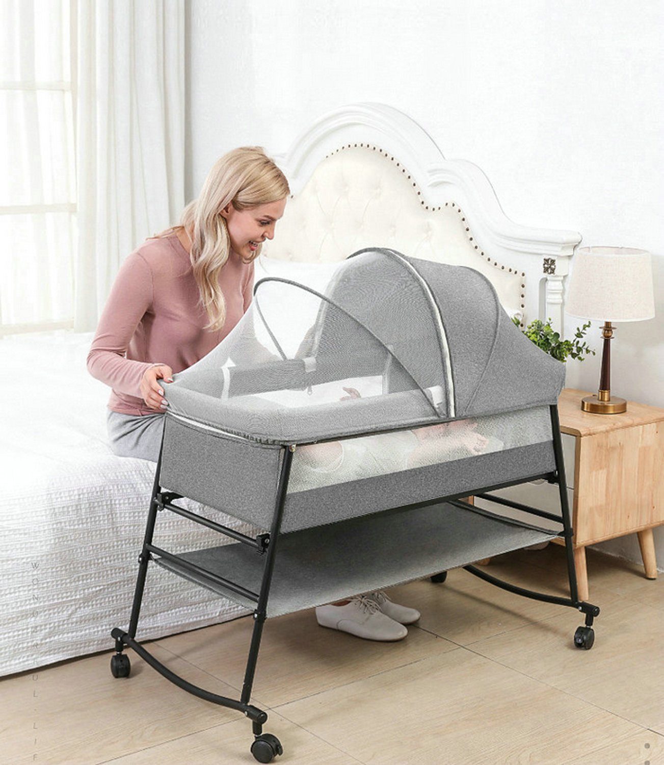 TPFFamily Beistellbett rollbares Babybett Babywiege Liegefläche verstellbar, rollbares Babybett Reisebett mit Aufbewahrungstasche und Mückenschutz