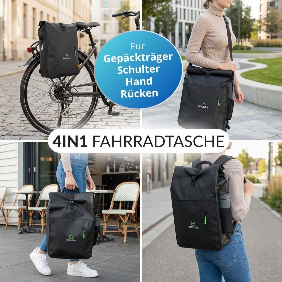 Bronea Fahrradtasche 3-in-1 Wasserdicht - 28L - SCHWARZ - Kombi Rucksack & Umhängetasche (Schnellmontage an Gepäckträger, integrierte Laptoptasche), Diamond-Struktur Laptoptasche 100% Wasserdicht Reflektierende Elemente