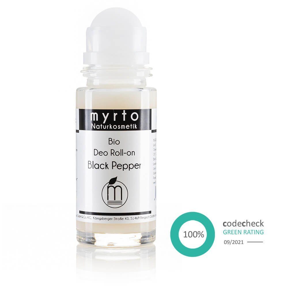 myrto Naturkosmetik Körperpflegemittel Bio Deo Roll-on Black Pepper - ohne Aluminium und Alkohol, für empfindliche Haut, hemmt Geruchsbildung, ohne Aluminium & Alkohol
