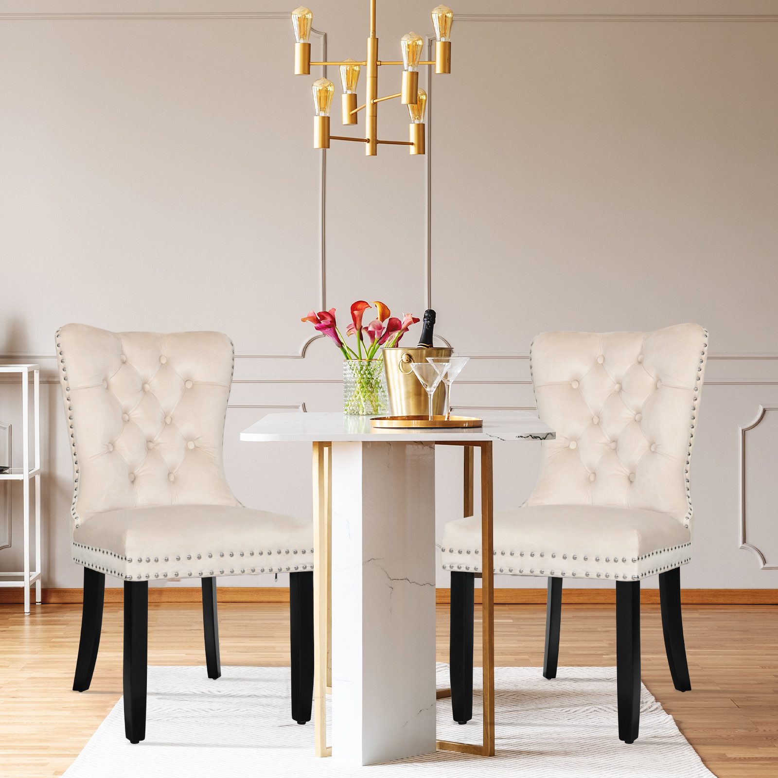 Puluomis Esszimmerstuhl (2/4/6/8 Set Grau/ Schwarz/Beige, 2 St), Samt Stuhl mit hoher Rückenlehne, Küchenstuhl mit Eichenbeinen