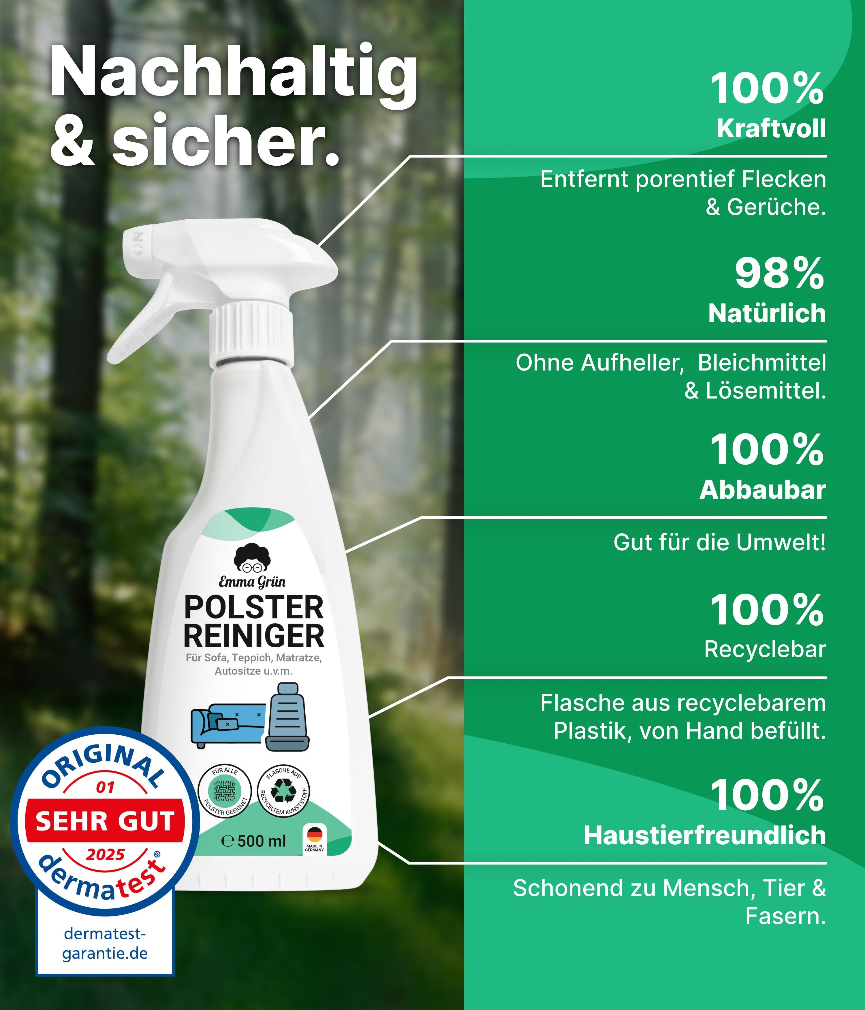 Emma Grün Sofa Reiniger 500 ml mit Polsterbürste Polsterreiniger (für Sofas & Autositze, stark gegen Gerüche & Flecken, aus Deutschland)