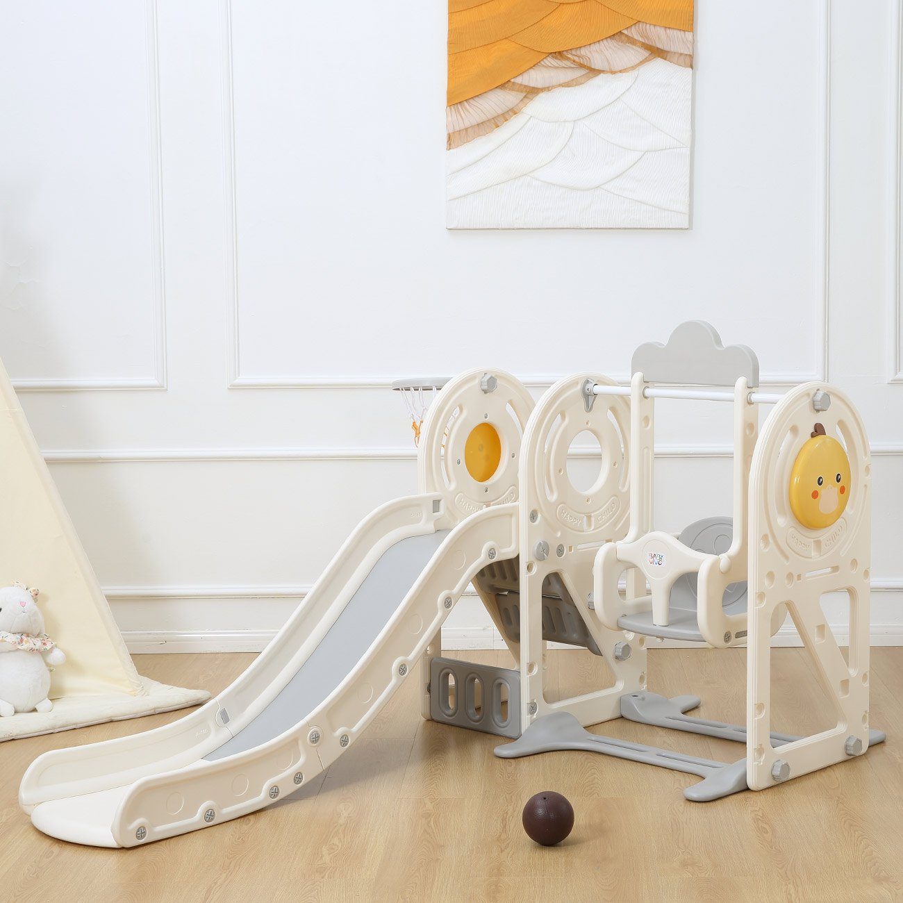 Baby Vivo Indoor-Rutsche Kinderrutsche / Rutsche - Quacki in Weiß/Beige