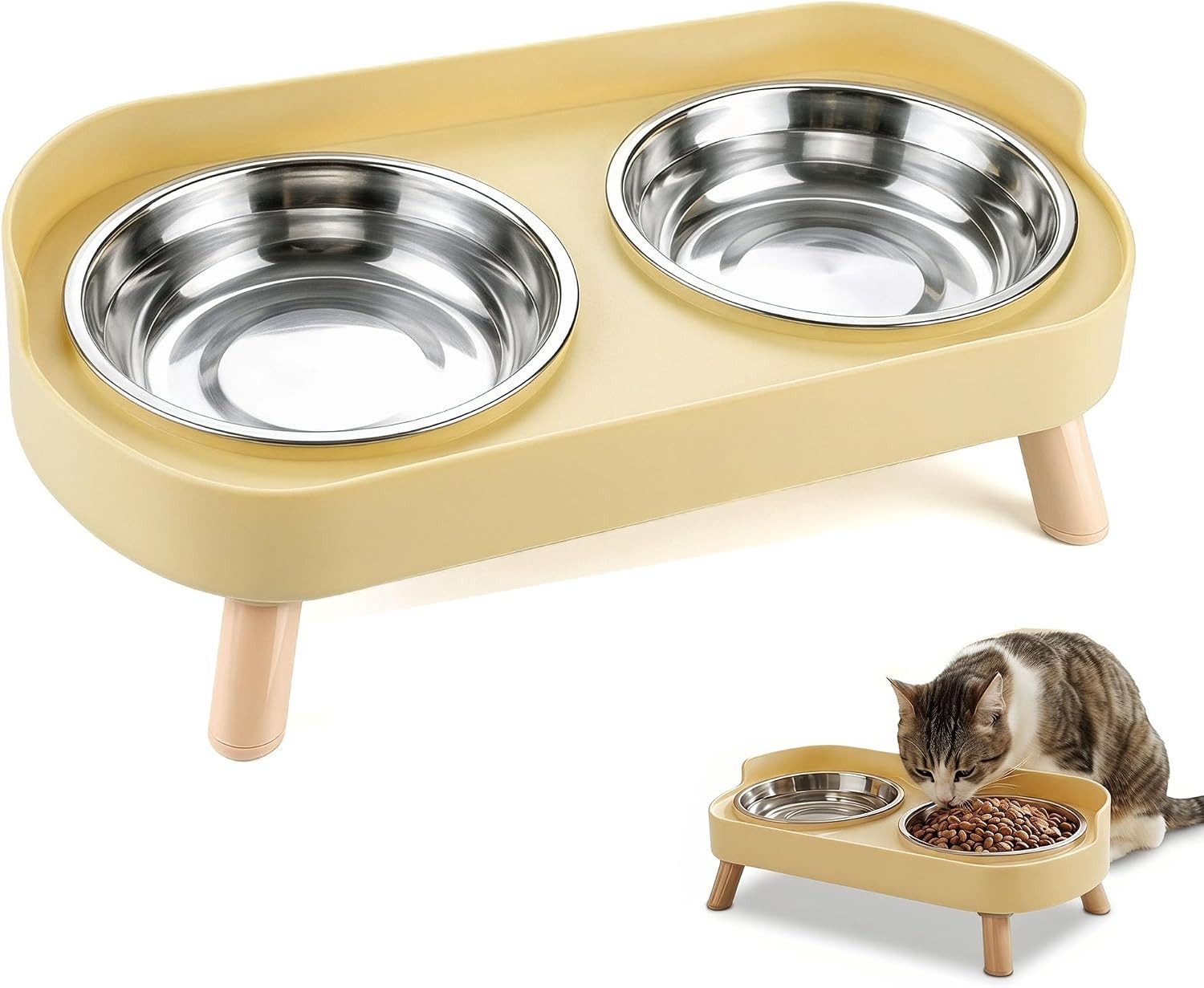 Fyrove Futternapf Erhöhter Katzen Doppelnapf 2x400ml Edelstahlnäpfe Ergonomisch, Katzennapf 2er Set Wassernapf Ohne Sabbern und Fressnapf Edelstahl Set