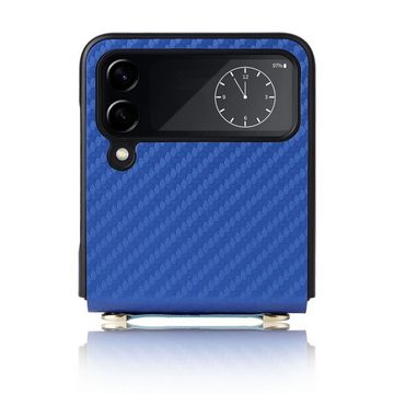 Wigento Handyhülle Für Samsung Galaxy Z Flip4 5G Kunstleder / Kunststoff Kohlefaser Struktur Handy Tasche Hülle Etuis Blau