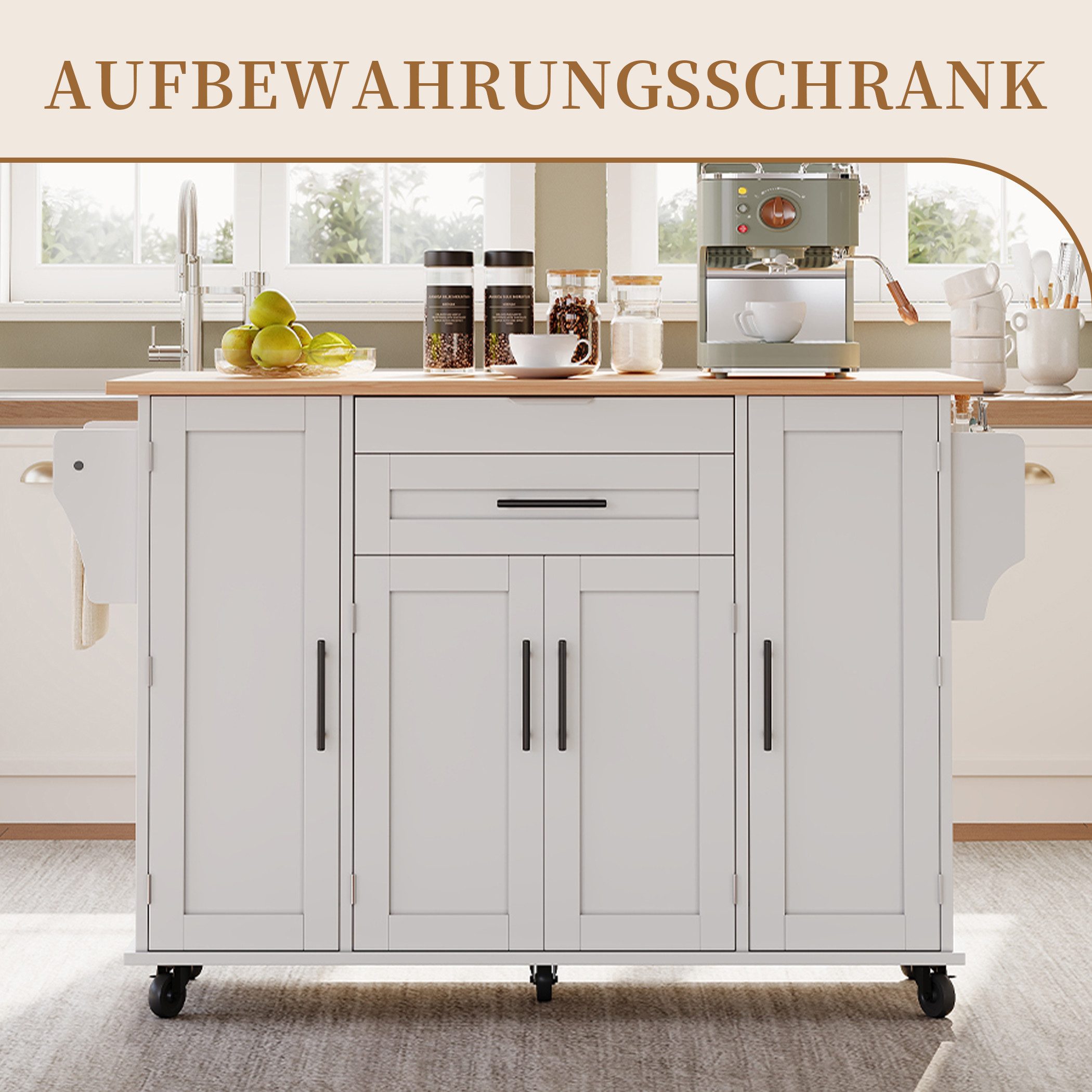 SeedWave Kücheninsel auf Rollen, mit Klappbarer Tischplatte, Besteckschublade, Staufächern, 1 Gewürzboard & Handtuchhalter, 3 höhenverstellbare Einlegeböden