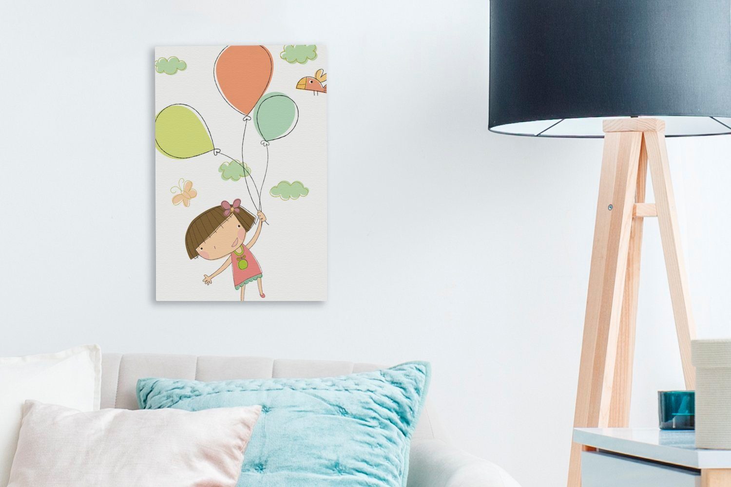 inkl. Eine Gemälde, Mädchens Zackenaufhänger, eines OneMillionCanvasses® Luftballons, Leinwandbild cm gezeichnete Leinwandbild Illustration mit bespannt fertig St), 20x30 (1