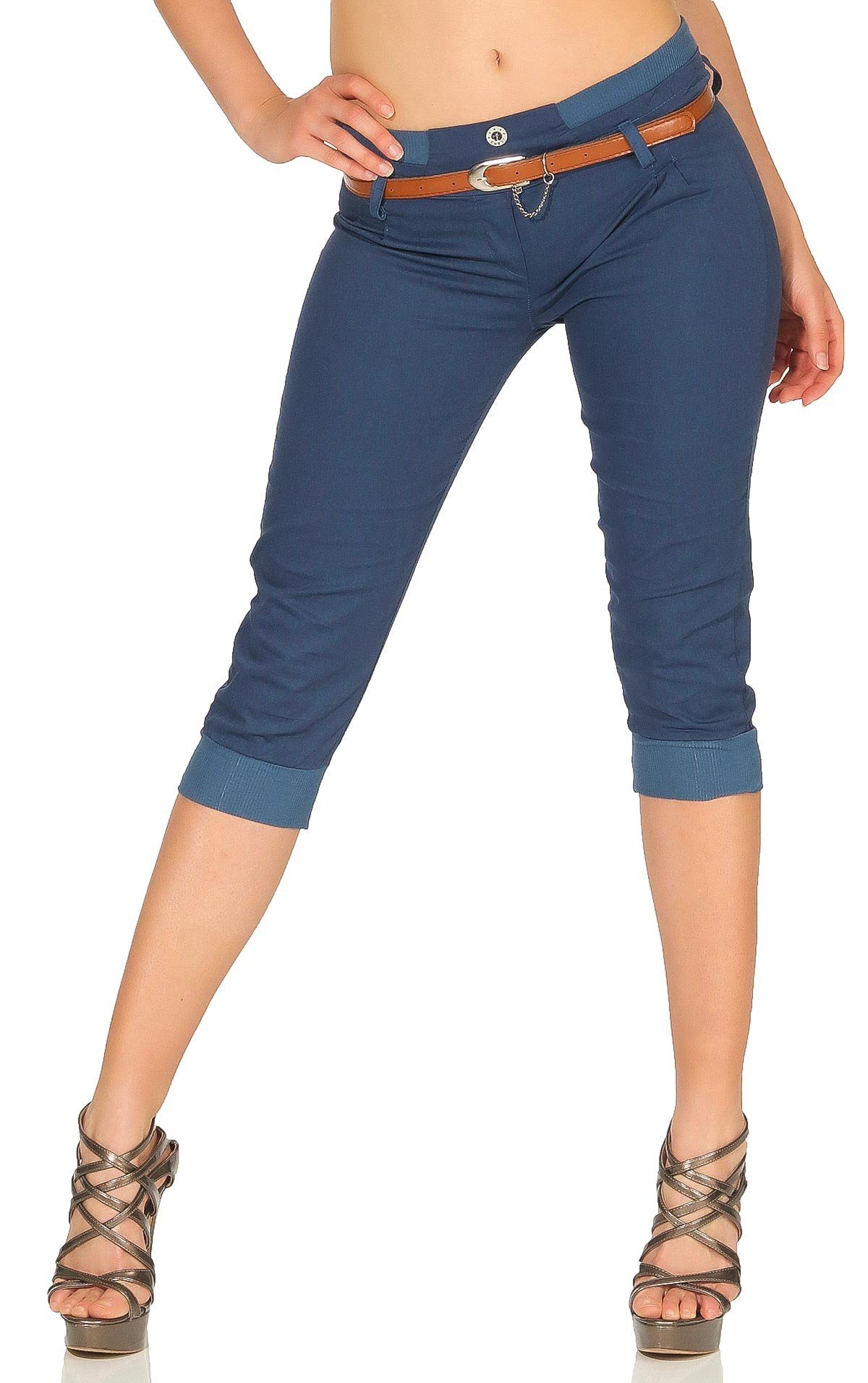 malito more than fashion Caprihose 5398 Caprihose mit Gürtel und Zierknöpfen jeansblau