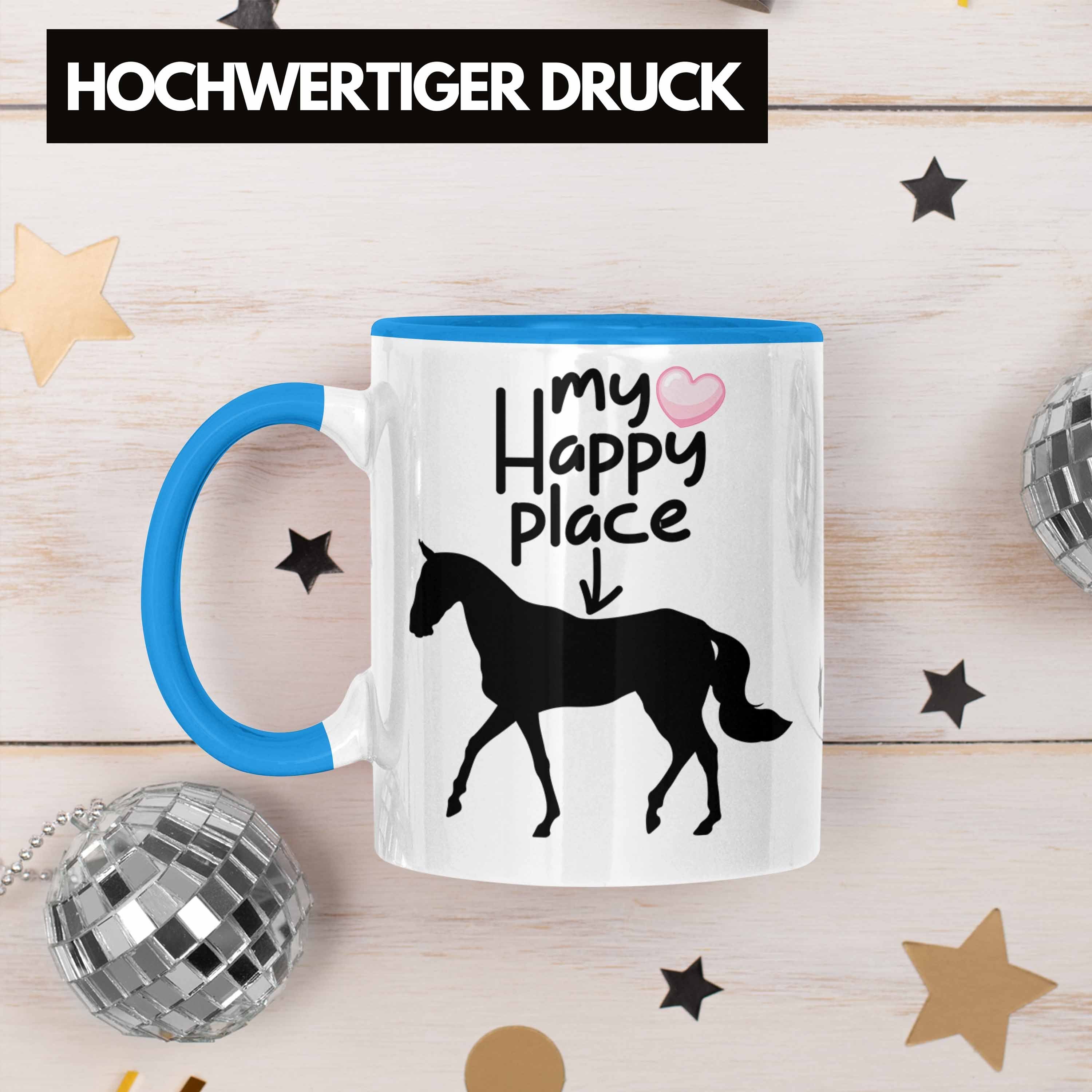 Trendation Tasse "My Happy für Lustige für Blau Pferde Reiterinnen Geschenkidee Place" Tasse