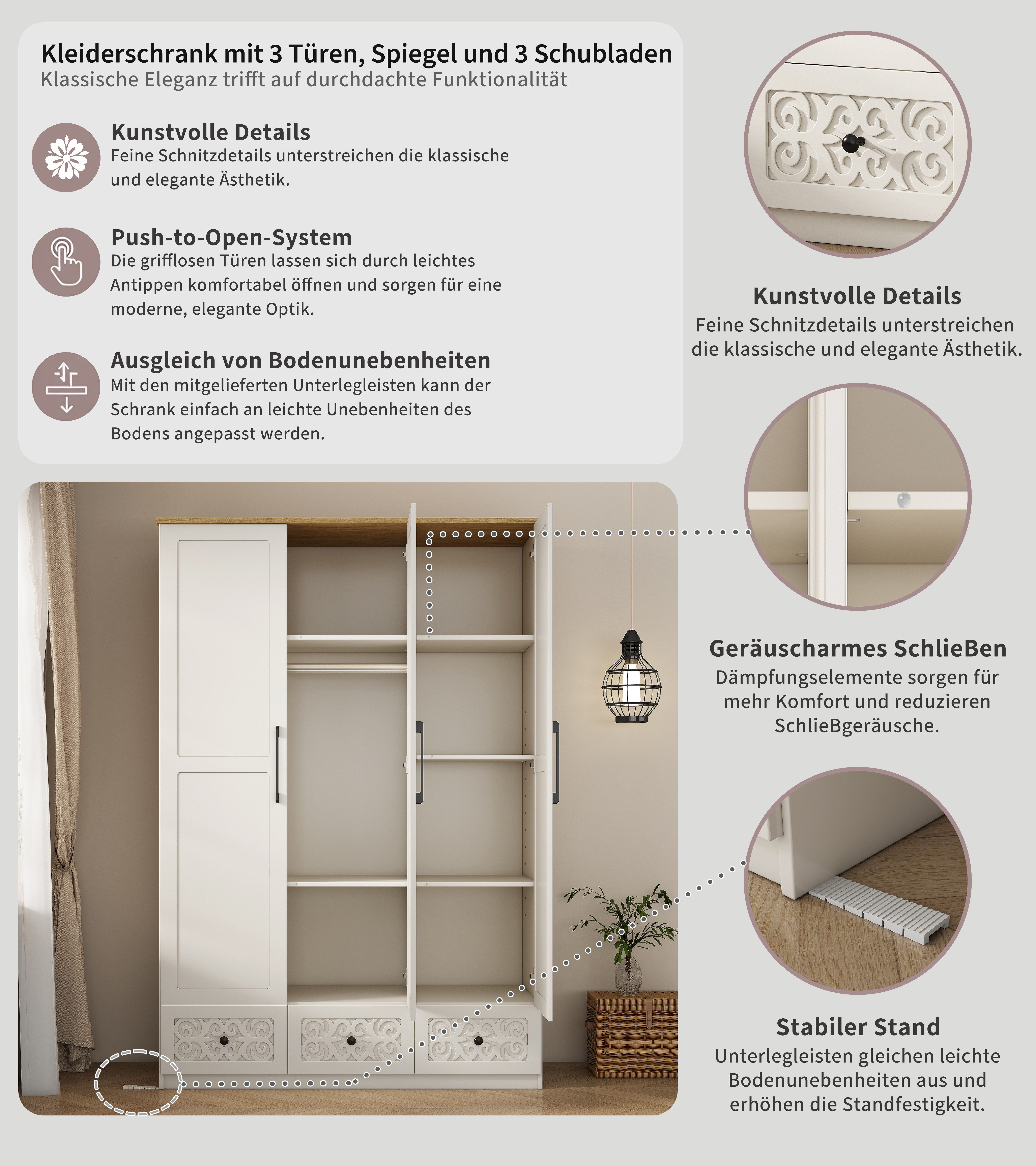 OTTO home Kleiderschrank EZZON-KS Landhaus Design Schlafzimmerschrank mit Verzierungen und Spiegel – Bild 5 von 5