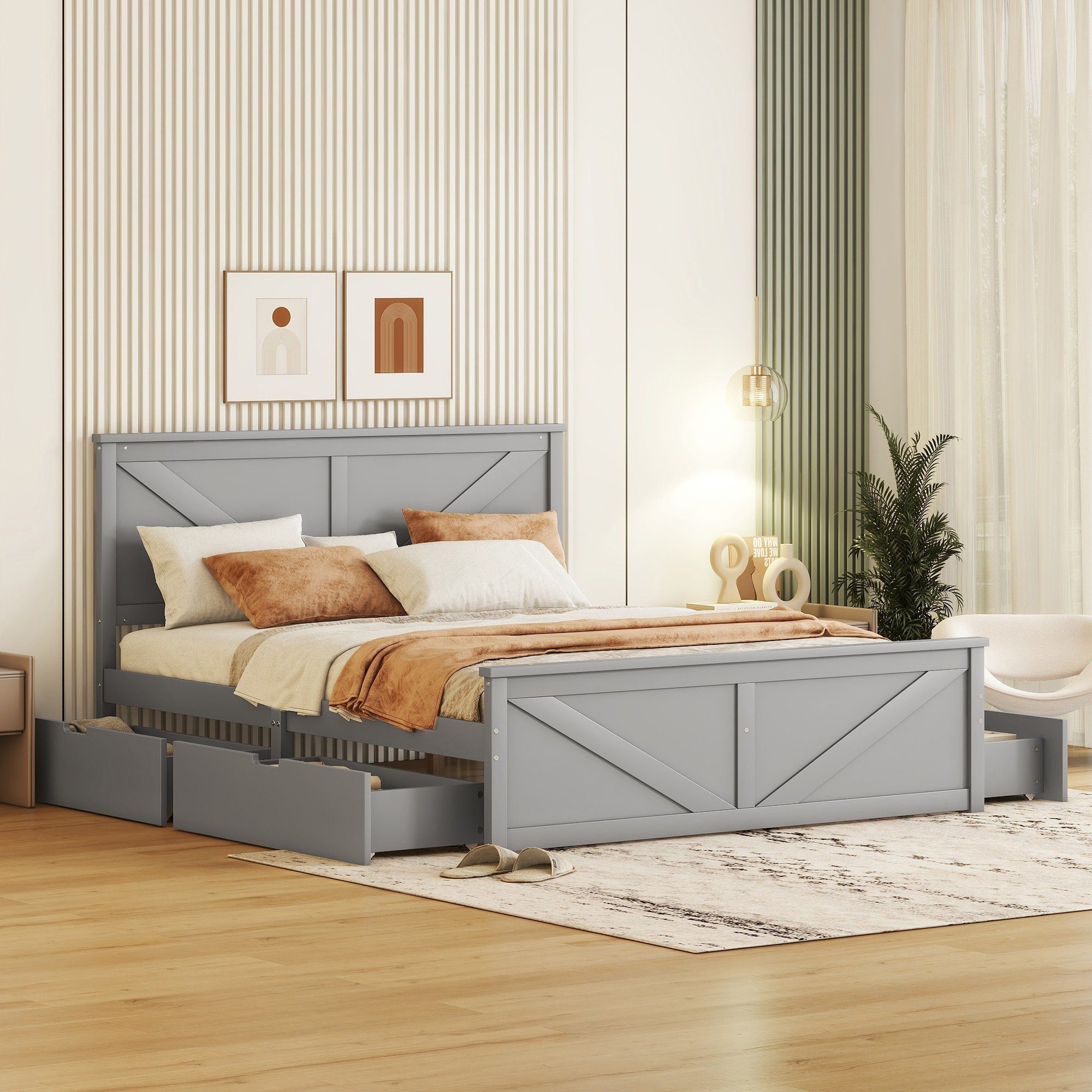 Holzbett aus grau Kopfteil Kiefer 4 (160x200 Massivholzbett mit Doppelbett Lattenrost, Schubladen cm), SOFTWEARY und