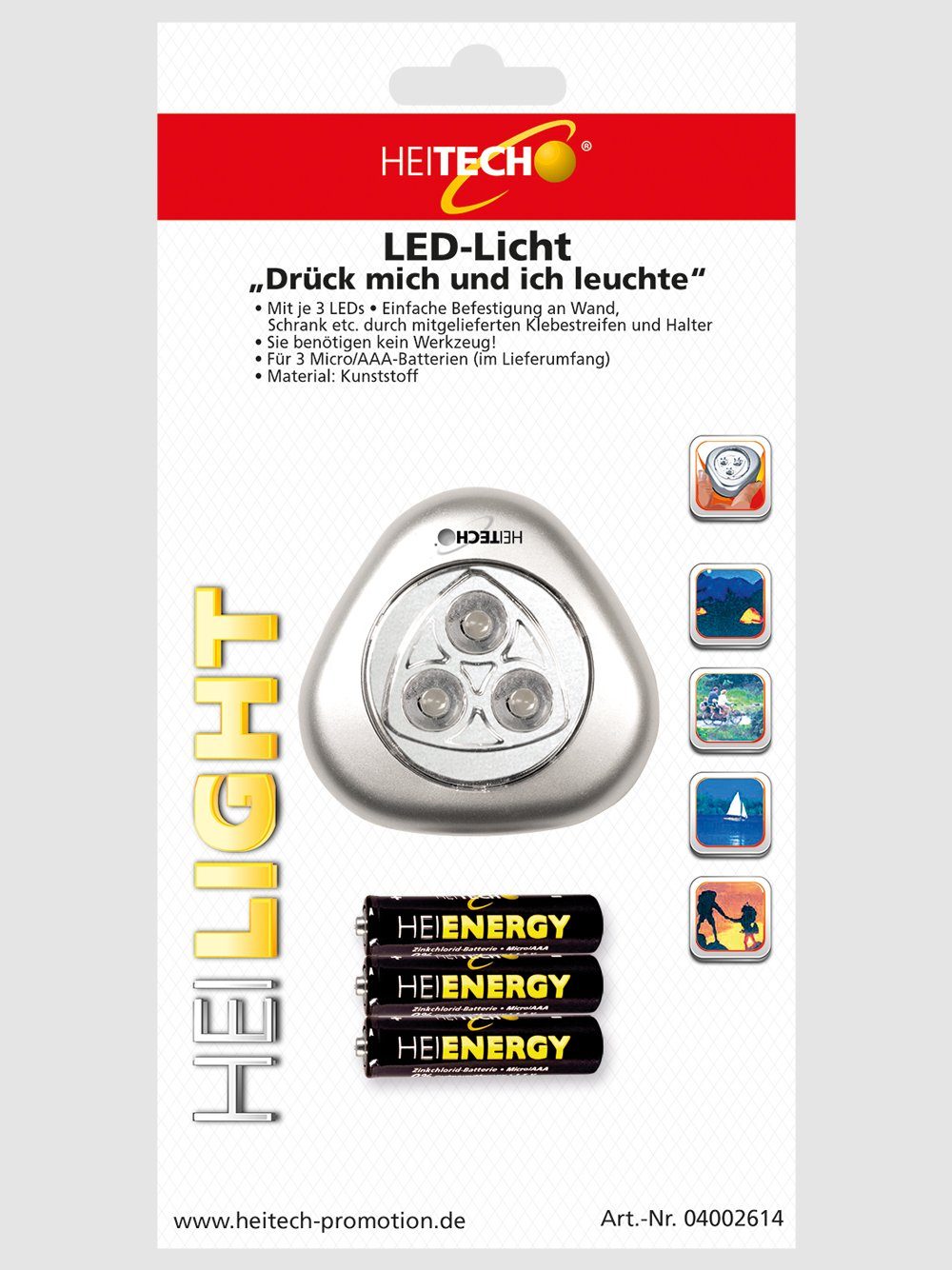 HEITECH LED Arbeitsleuchte LED-Licht"Drück mich" mit 3 LEDs, inkl. 3 Micro/AAA Batterien