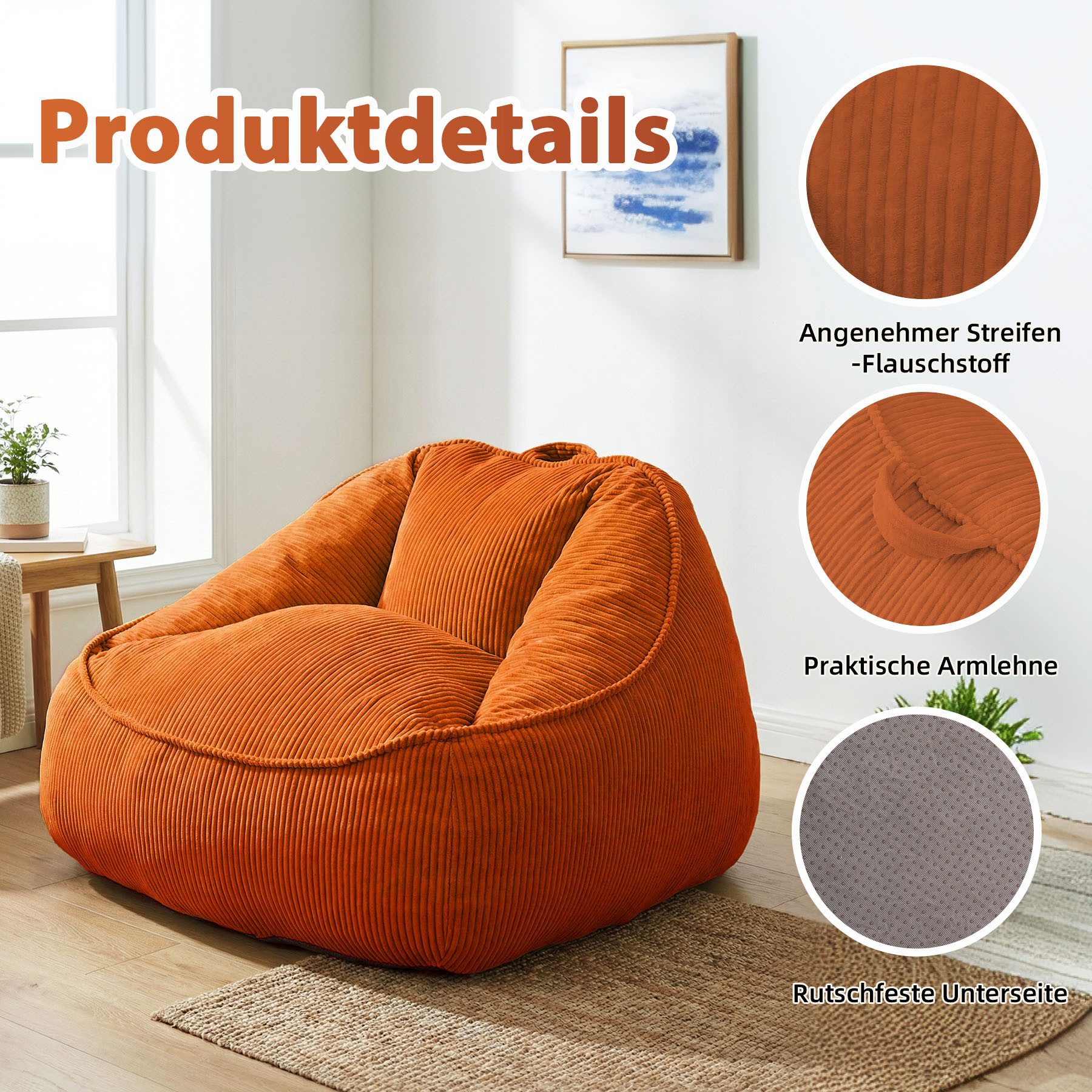 HomeMiYN Sitzsack Weicher Riesen Sitzsack aus Cord – Sessel fürs Wohnzimmer „Birne“ – Bild 3 von 5
