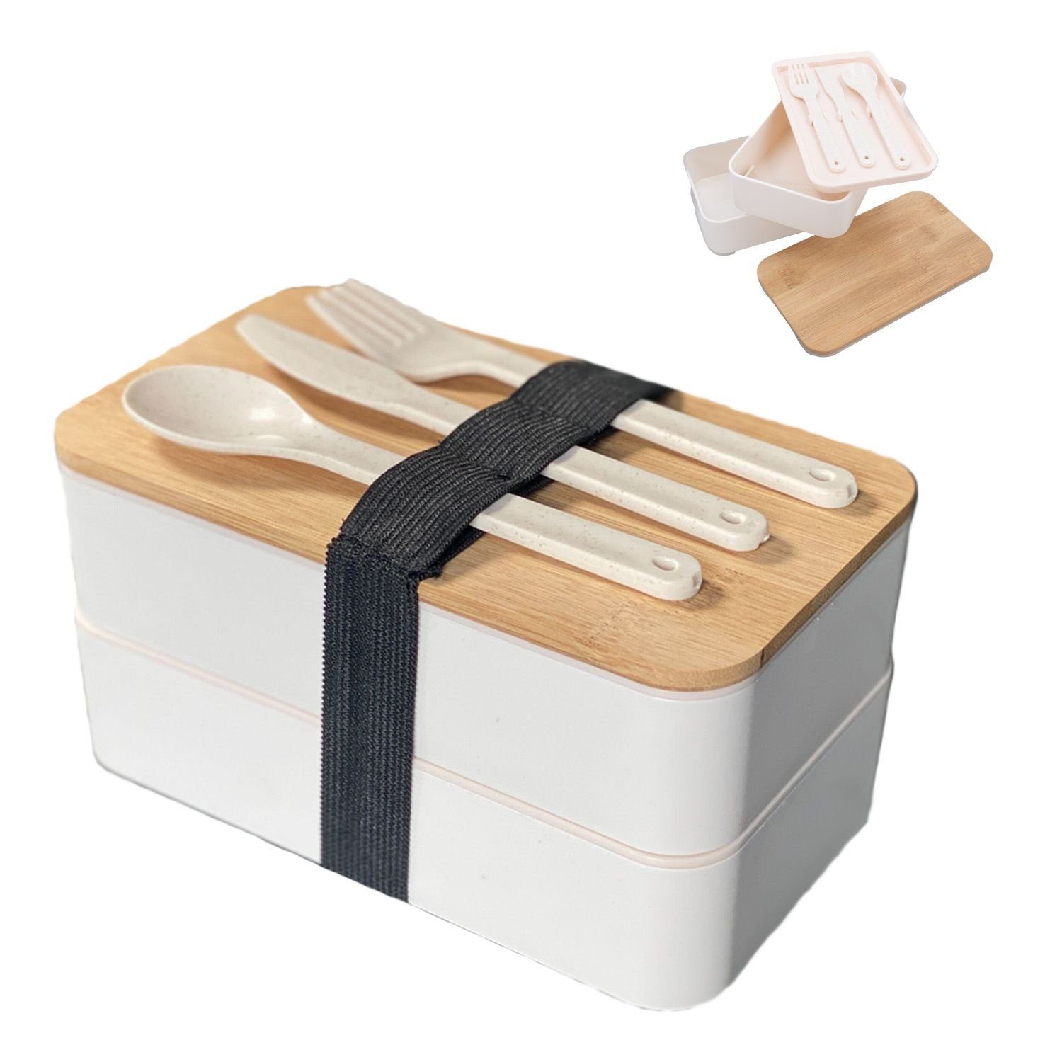 Intirilife Lunchbox, Bambus, (4-tlg), Lunch Box Bento Box mit 3 Fächern und Besteck Brotdose