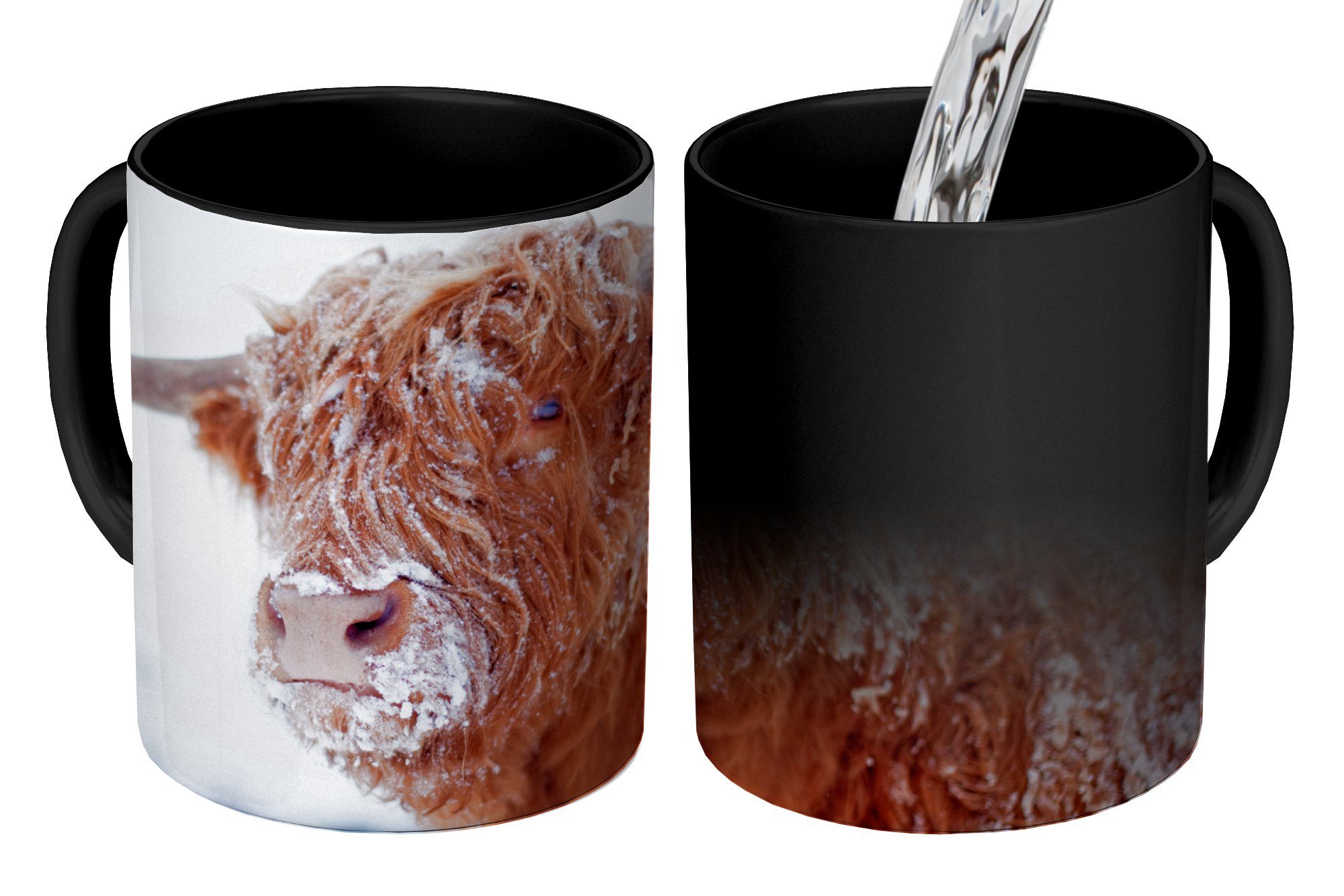 MuchoWow Tasse Schottischer Highlander - Schnee - Braun, Keramik, Farbwechsel, Kaffeetassen, Teetasse, Zaubertasse, Geschenk