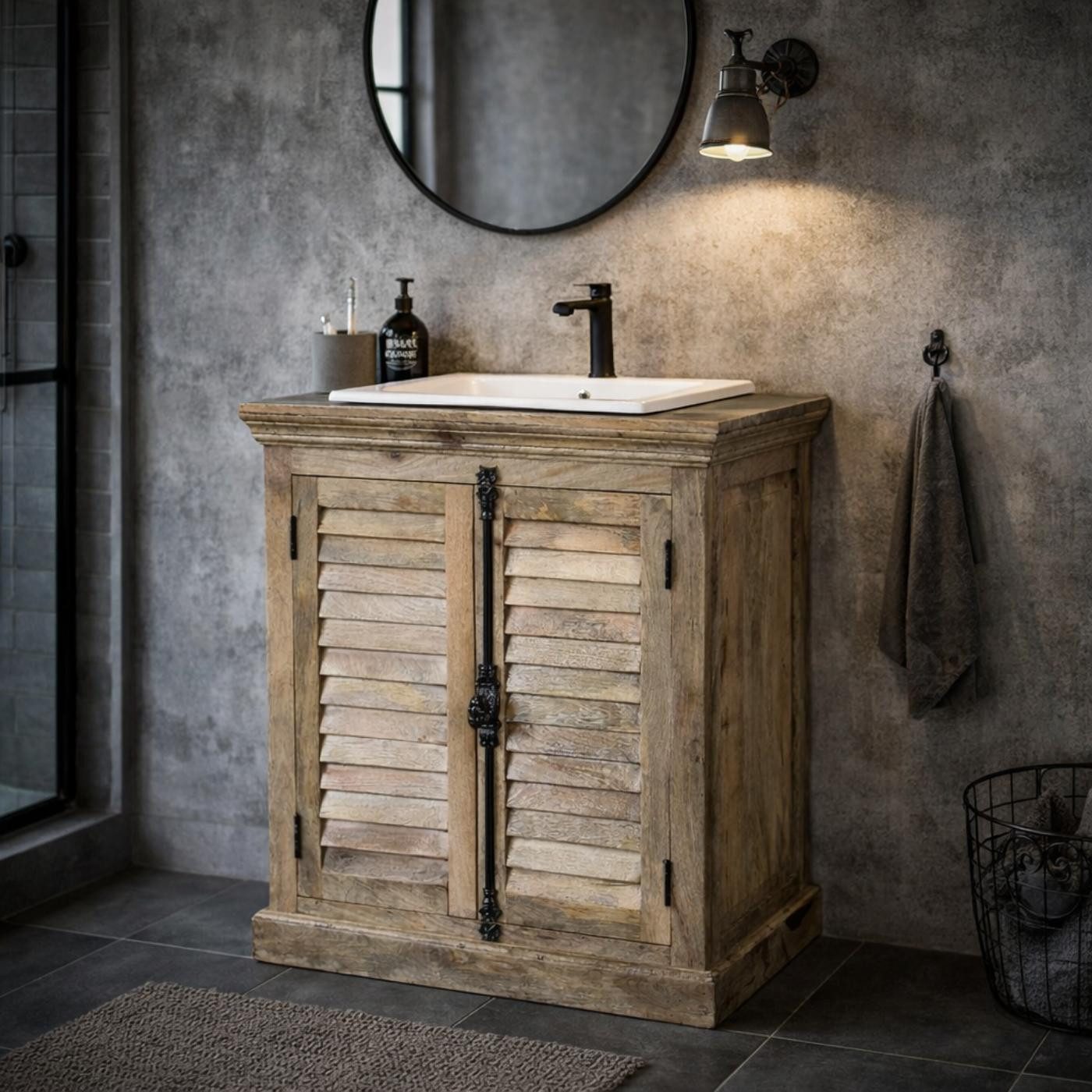baario Waschtisch Waschtisch CUSSET Lamellen, mit Unterschrank stehend Massivholz Lamellenschrank Landhaus