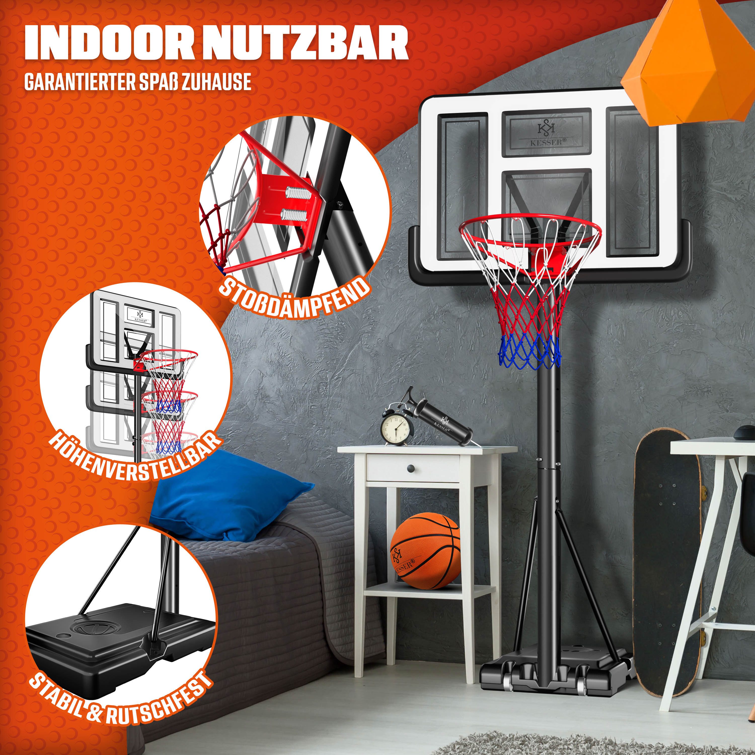 KESSER Basketballkorb 160-210cm Basketballständer Set mit Basketball, Pumpe & 2 Ersatznetzen, In- & Outdoor Basketballanlage mit Rollen für Kinder & Erwachsene