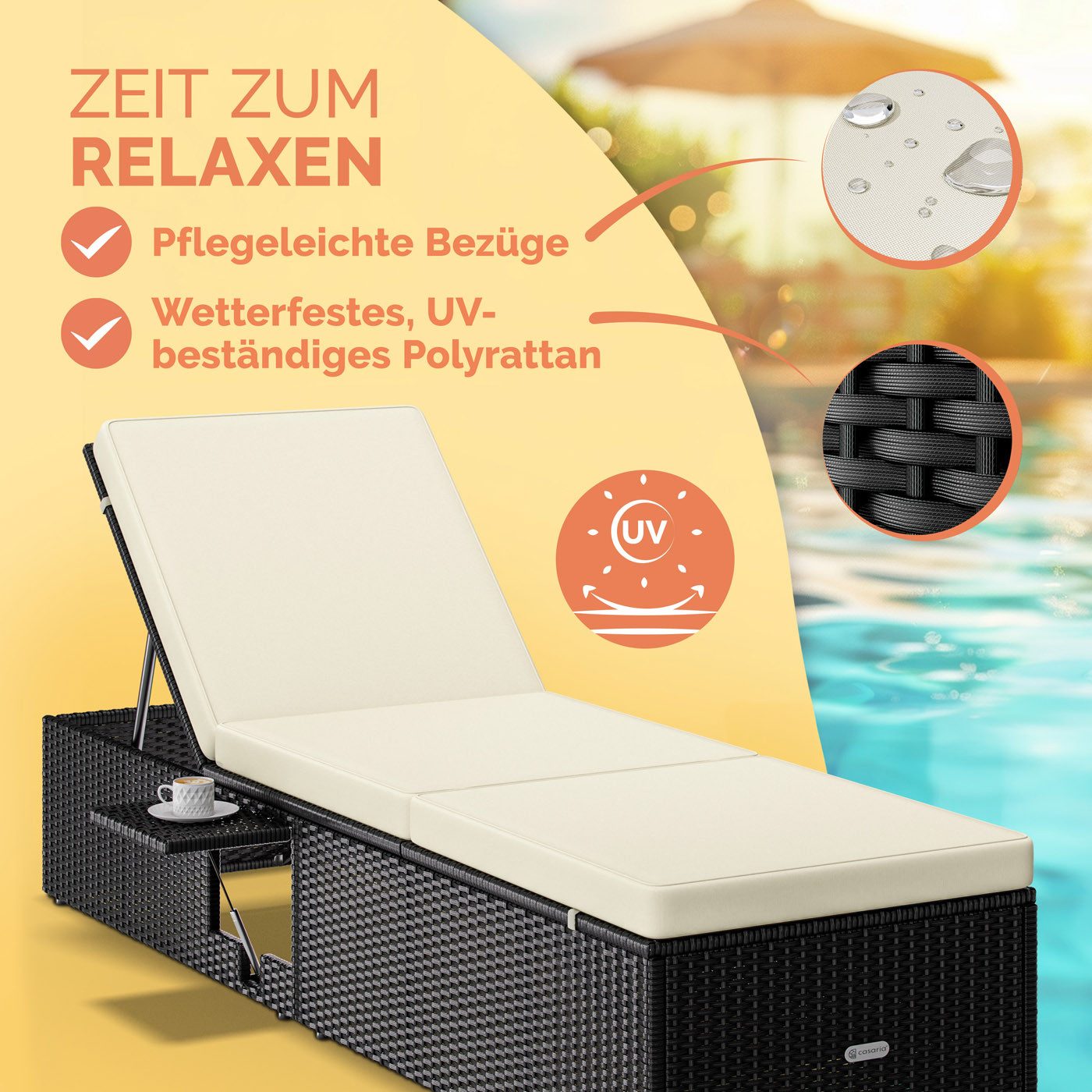 Casaria Gartenliege, Klapptisch Wetterfest Relaxliege 7-fach Höhenverstellbar Liegestuhl