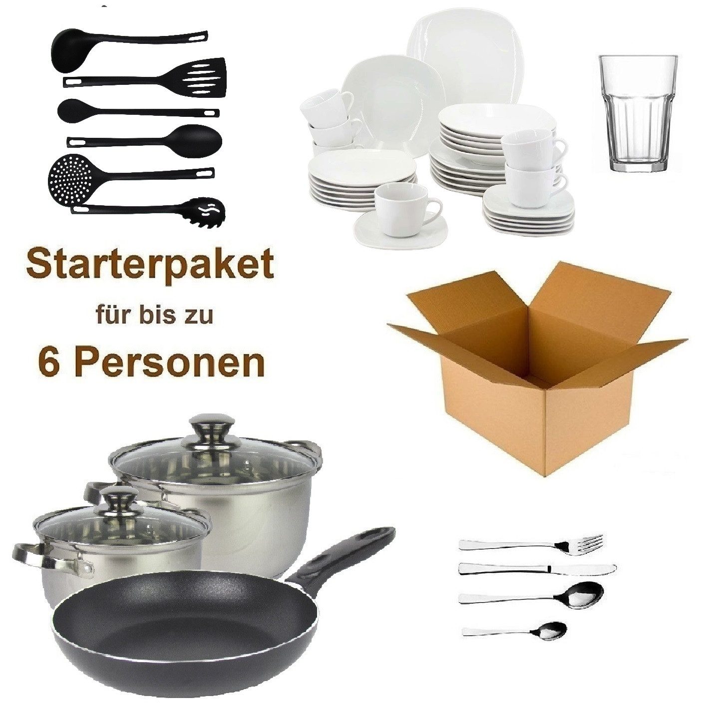 Steinmann Starterpaket Haushalts Starterpaket für 6 Personen Wohneinrichtung (71-tlg) Einrichtungspaket - (Küche, Besteck, Geschirr)