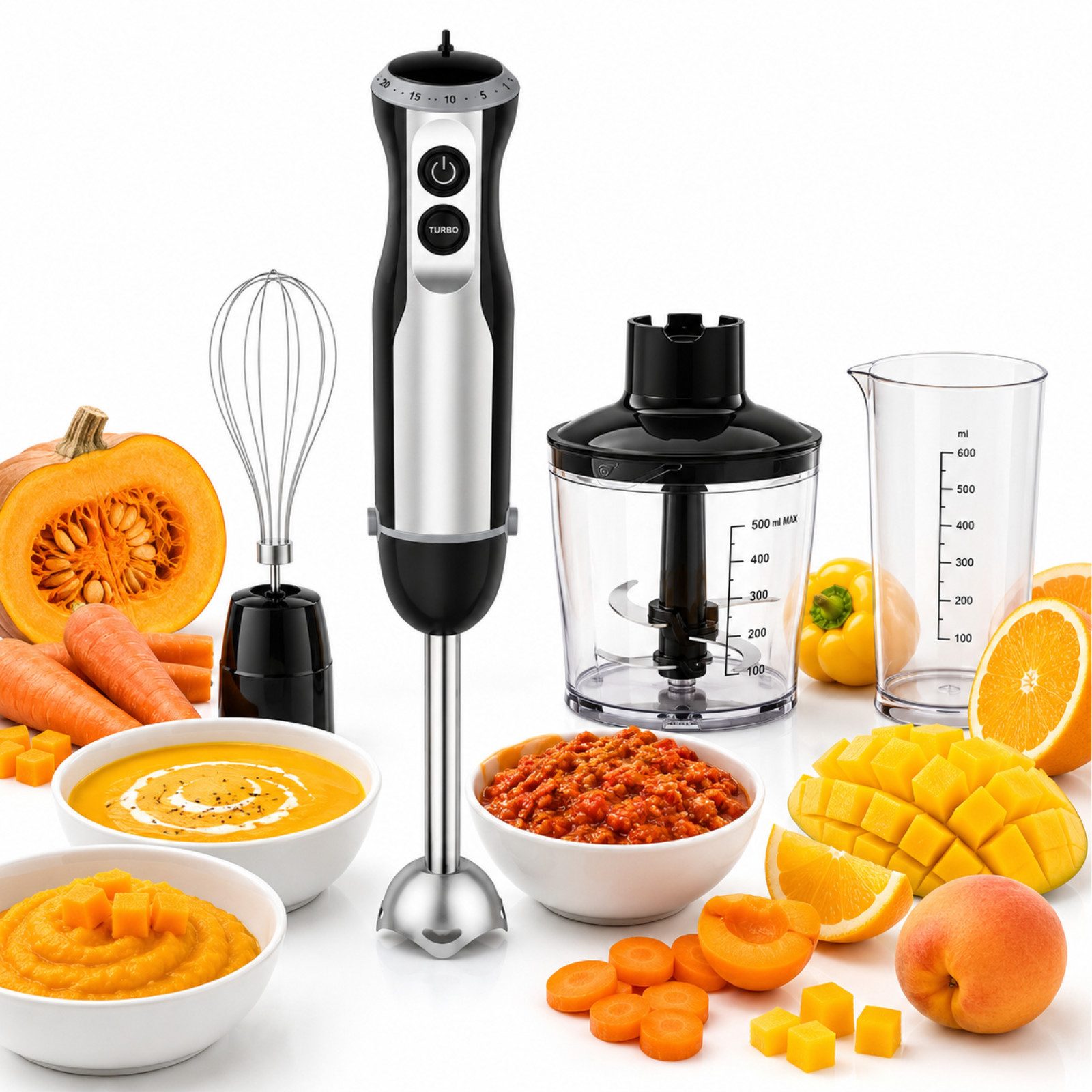 ibettertec Stabmixer 1000W 4-in-1, Elektrischer Pürierstab mit 20 Geschwindigkeitsstufen, 4-Klingen-System, Babynahrung Mixer, Geschenk