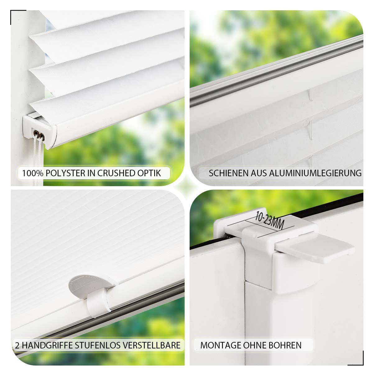 OUBO Plissee ohne Bohren Klemmfix, lichtdurchlässig Rollo, Lichtschutz, Easyfix, Klemmfix, mit Klemmträger, Sichtschutz und Sonnenschutz für Fenster & Tür