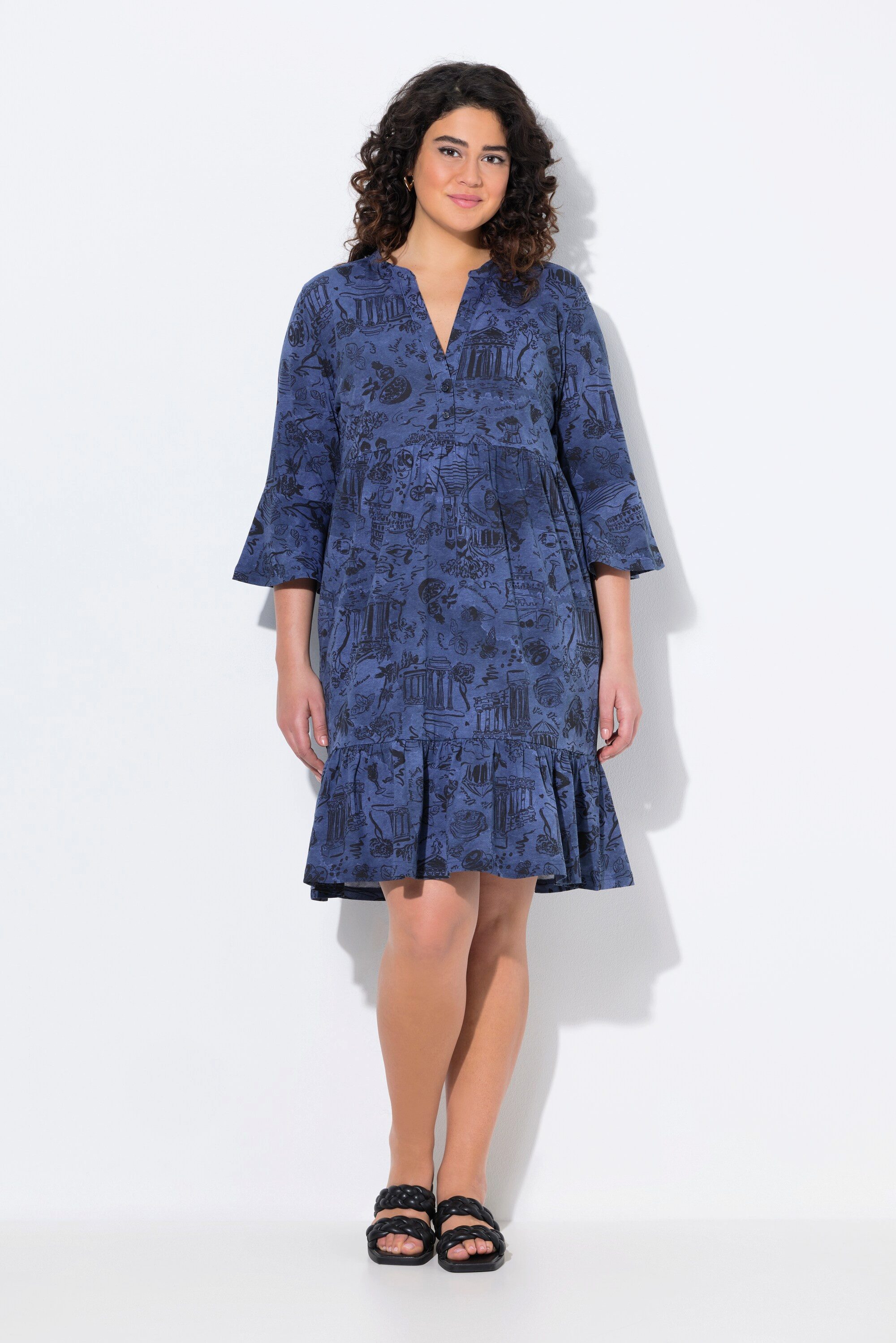 Ulla Popken Jerseykleid Jerseykleid A-Linie Tunika-Ausschnitt 3/4-Arm günstig online kaufen