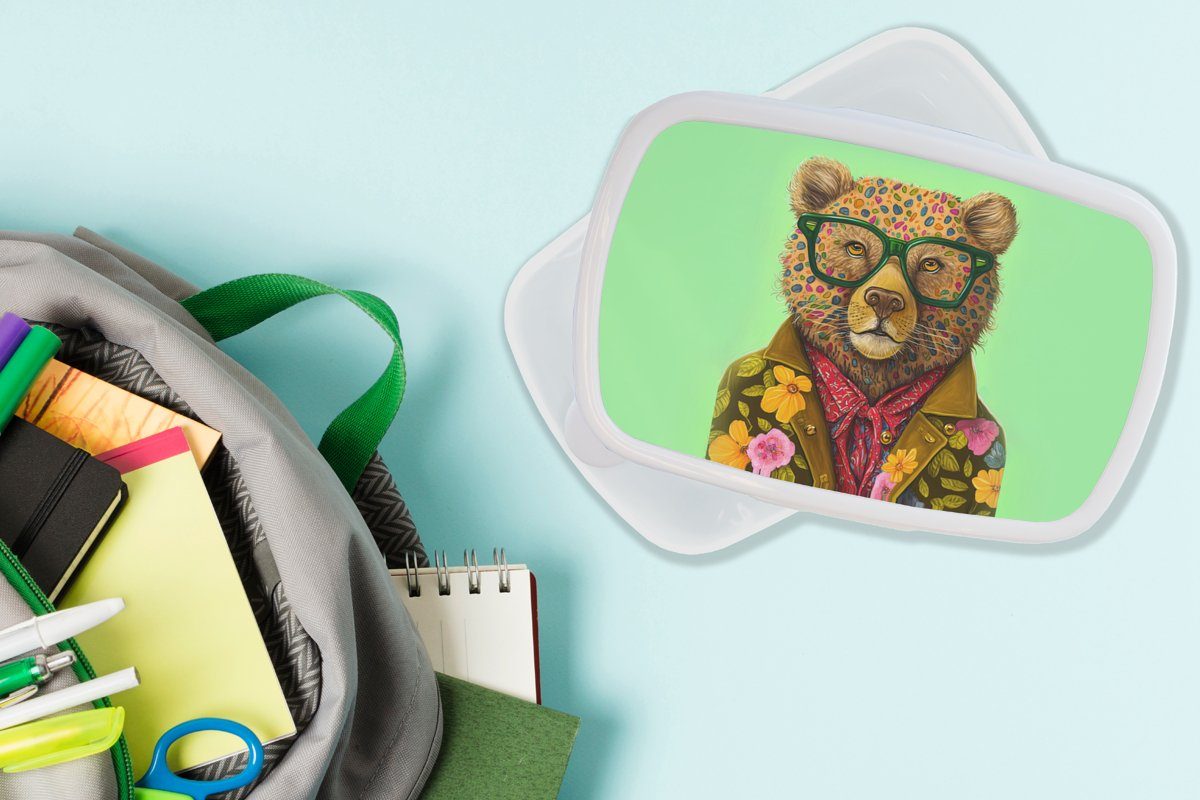 MuchoWow Lunchbox Bär Kinder - und - Kunststoff, Farben weiß Blumen, Mädchen Tier - für Brotbox (2-tlg), für und Jungs Brotdose, - Brillen Erwachsene