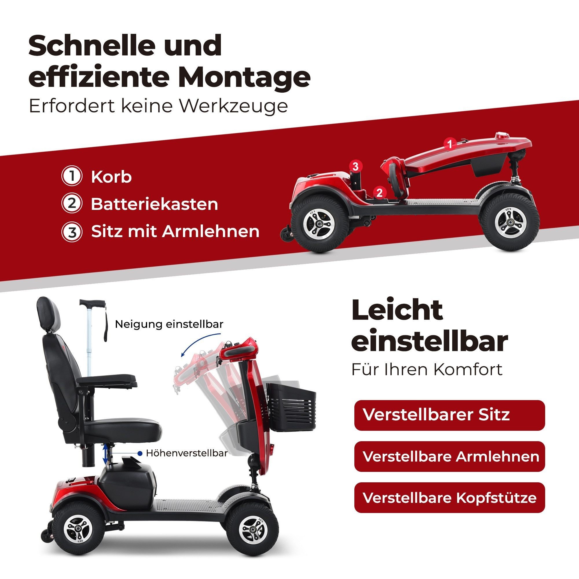 LVHOM Elektromobil 4-Rad-Scooter, faltbar, 30km Reichweite, 300W, 945MM, 136kg Tragkraft, 300 W, (360°-Drehsitz mit Kopfstütze, verstellbare Armlehnen, Integrierte Windschutzscheibe mit Getränkehaltern, ergonomischer Stockhalter, 2 USB-Ladestationen, 32 cm Beinfreiheit, Hinterradfederung, LED-Scheinwerfer, Bremslicht, elektromagnetische Handbremse), Fortschrittliches Elektroauto für aktive Senioren, Gesamtgewicht: 52kg