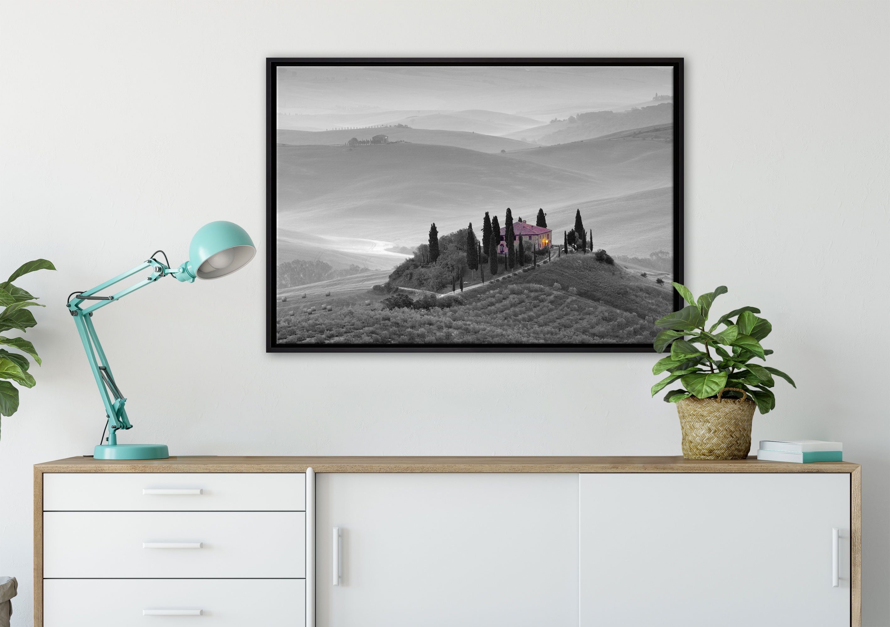 Pixxprint Leinwandbild schöne Toskana Landschaft, Wanddekoration (1 St), Leinwandbild fertig bespannt, in einem Schattenfugen-Bilderrahmen gefasst, inkl. Zackenaufhänger