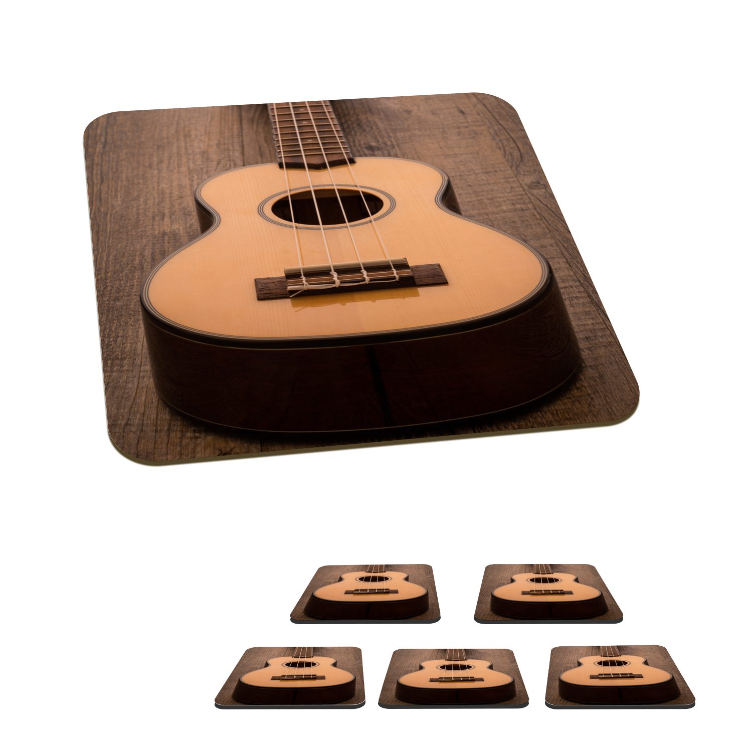 MuchoWow Glasuntersetzer Akustische Gitarre auf einem Holztisch, Zubehör für Gläser, 6-tlg., Glasuntersetzer, Tischuntersetzer, Korkuntersetzer, Untersetzer, Tasse