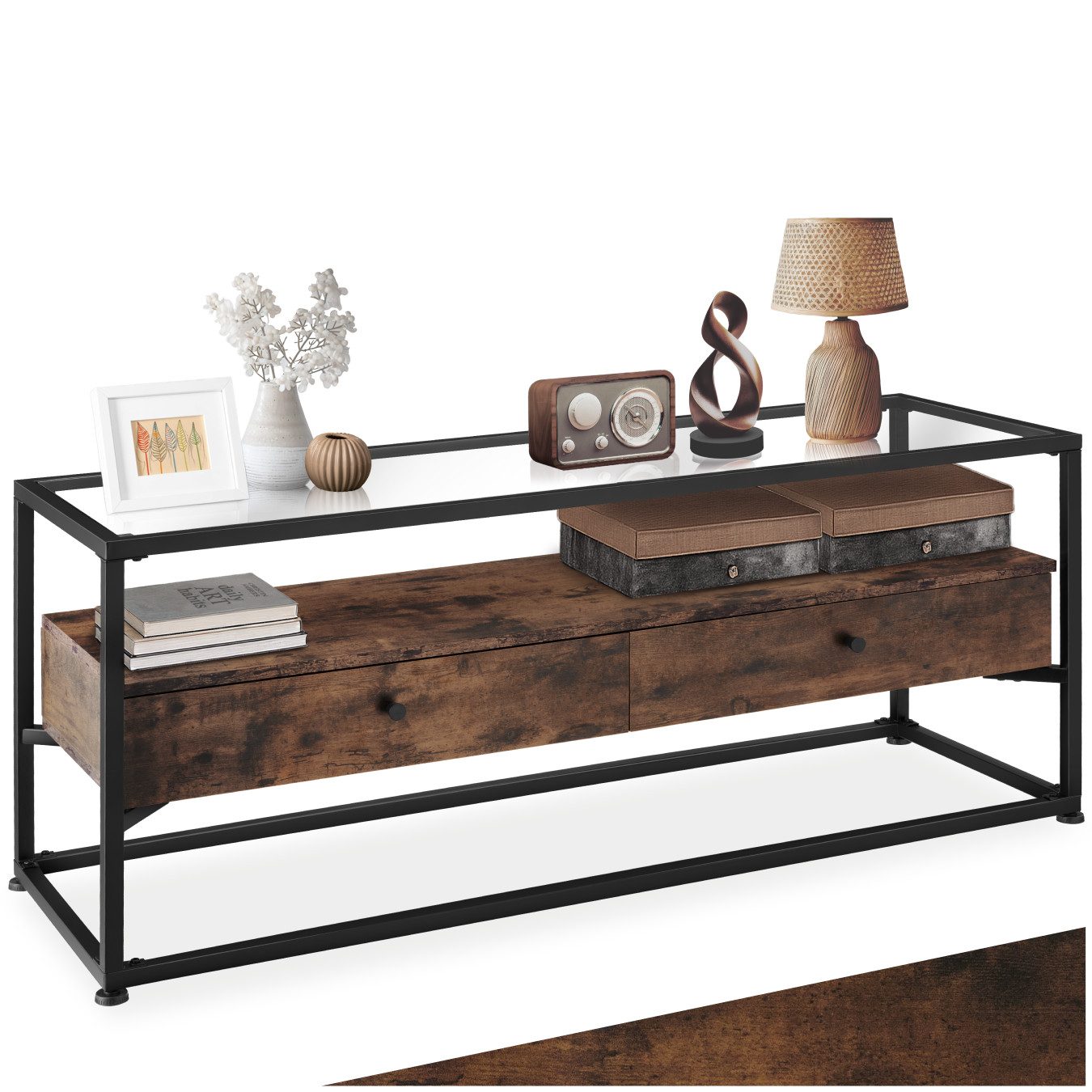 tectake Sideboard Schlafzimmertisch, 121,5 x 41,5 x 50,5 cm, Platte aus (Wohnzimmertisch Maidenhead, in Industrial Holz dunkel, rustikal), 2 große Schubladen, mit höhenverstellbaren Kunststofffüßen