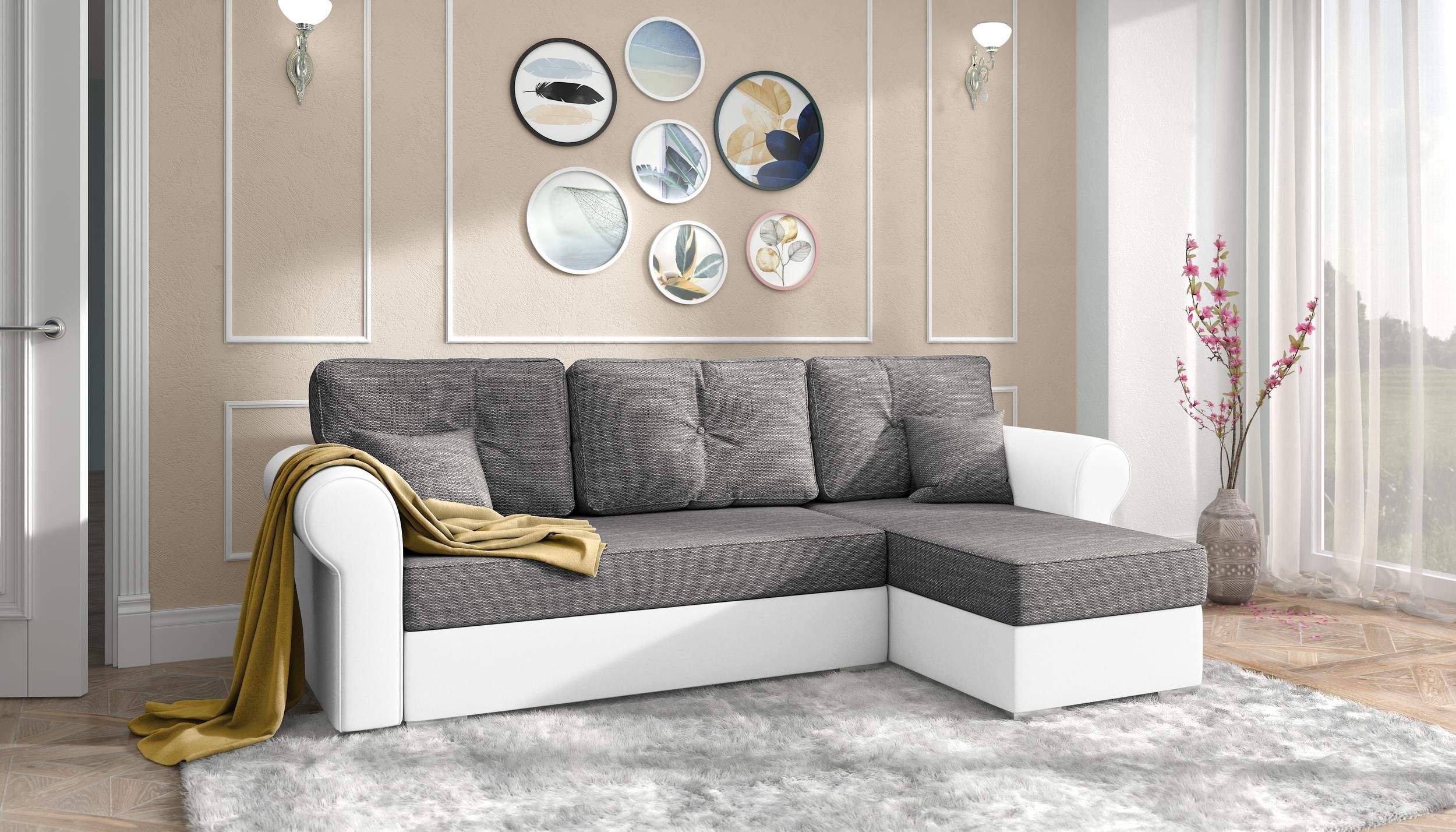 inklusive L-Form, oder Ecksofa bestellbar, im Bettkasten, stellbar, Design, Modern frei Kissen Bettfunktion mit Raum mane links Stylefy Orco, und Eckcouch, rechts