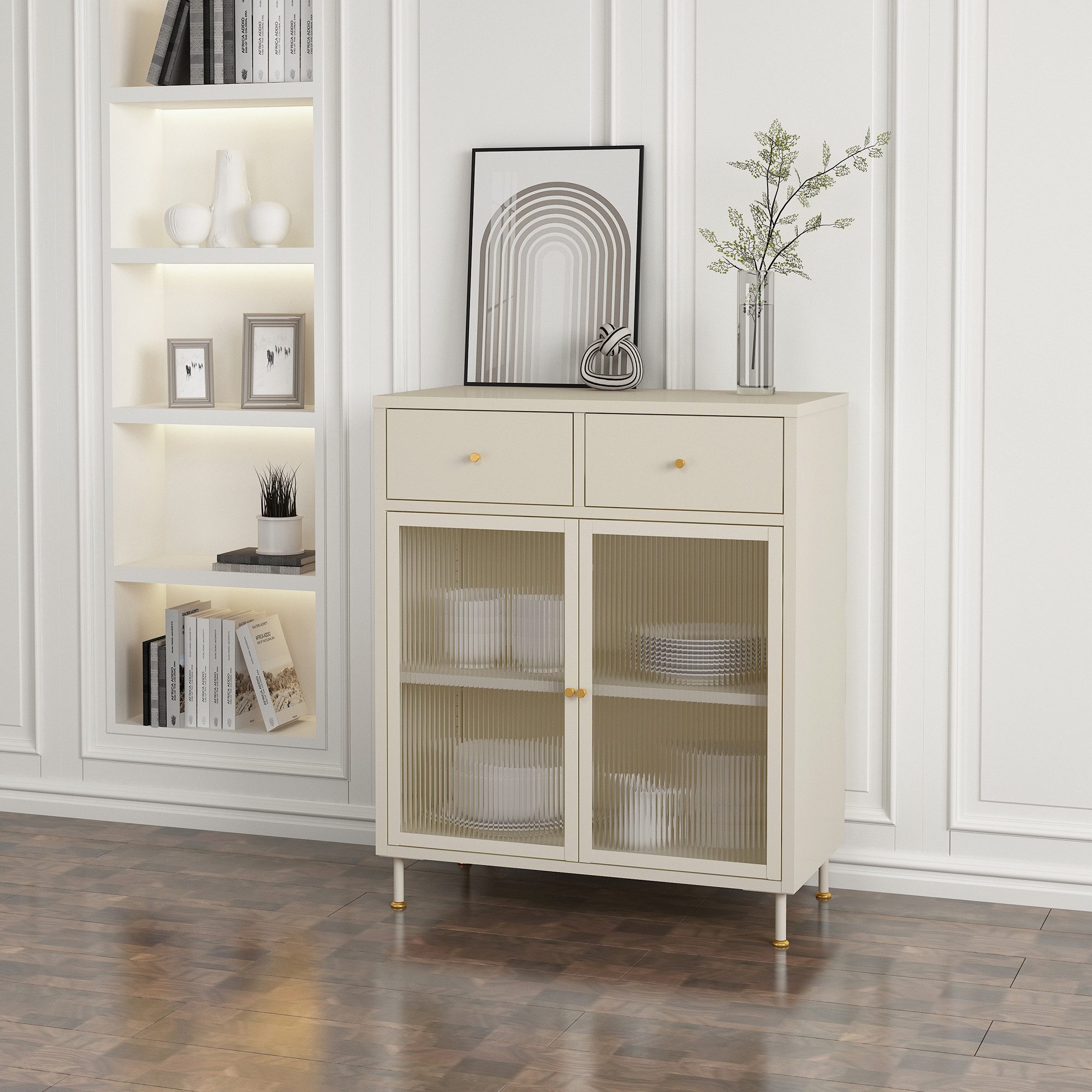 en.casa Sideboard, »Lindau« mit 2 Glastüren Stahl 97 x 80 x 40 cm Cremeweiß günstig online kaufen