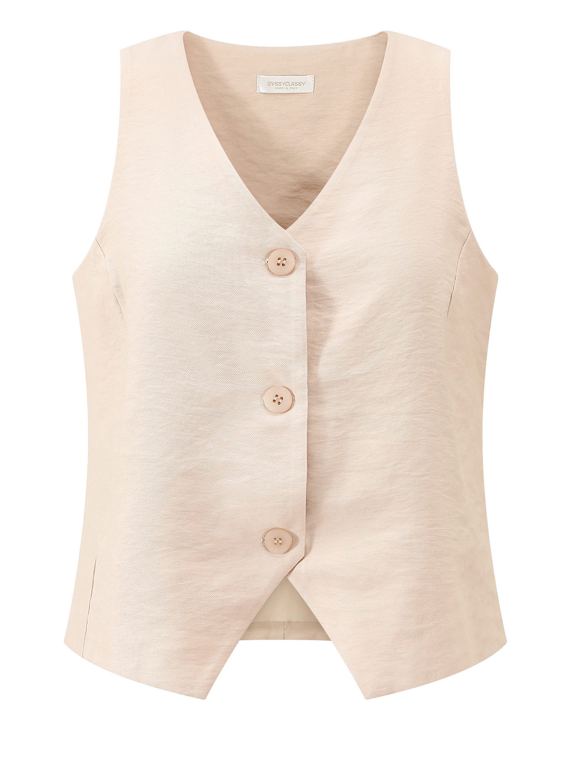 SASSYCLASSY Kurzweste Ärmellose Anzugweste für Damen Elegante Weste mit V-Ausschnitt und dezenter Knopfleiste Beige