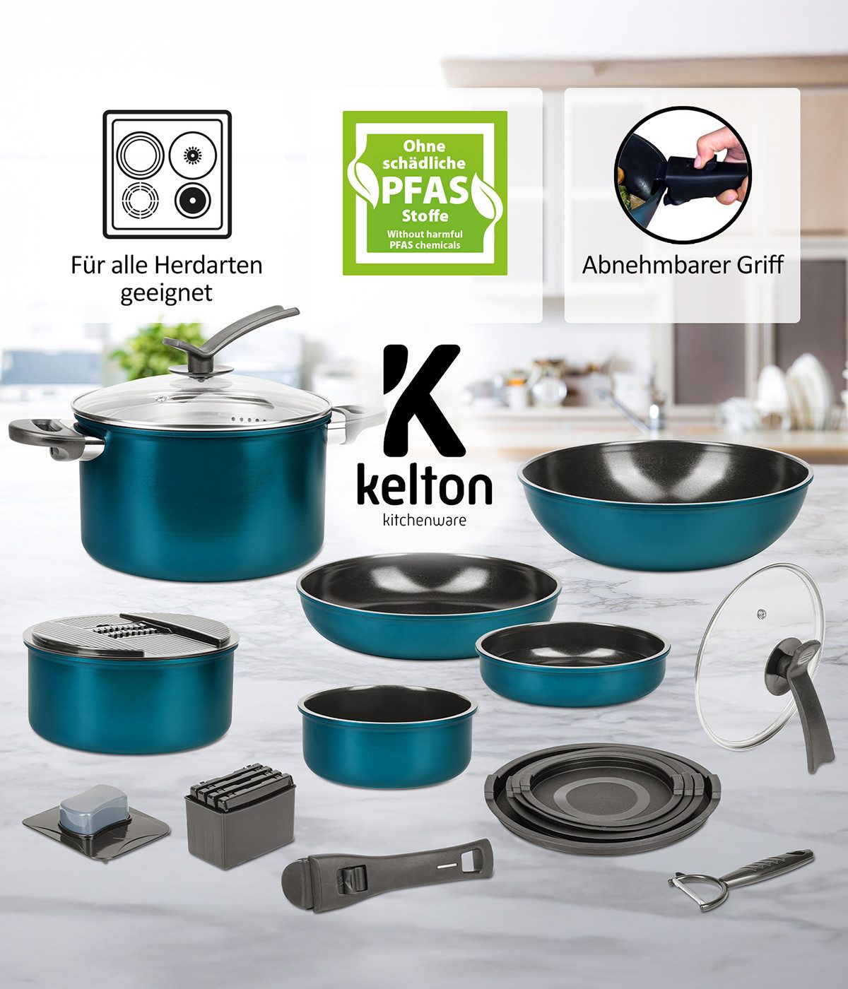 Genius Pfannen-Set Kelton 31 tlg, Kochgeschirr, inklusive Clia Genie Schwämmen, (Großes Koch-Set, 31 tlg), Platzsparendes Design mit abnehmbarem Griff & stapelbaren Elementen