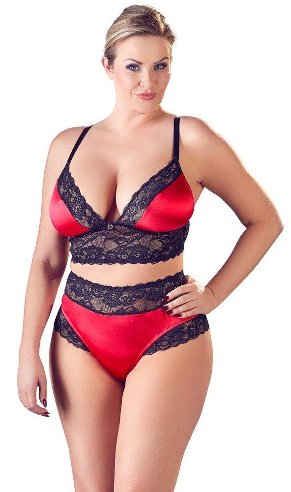 Cottelli Collection Set: Bügelloser BH Dessous-Set Satin-BH-Set mit Spitze Große Größen - schwarz/rot (2-tlg) Spitze
