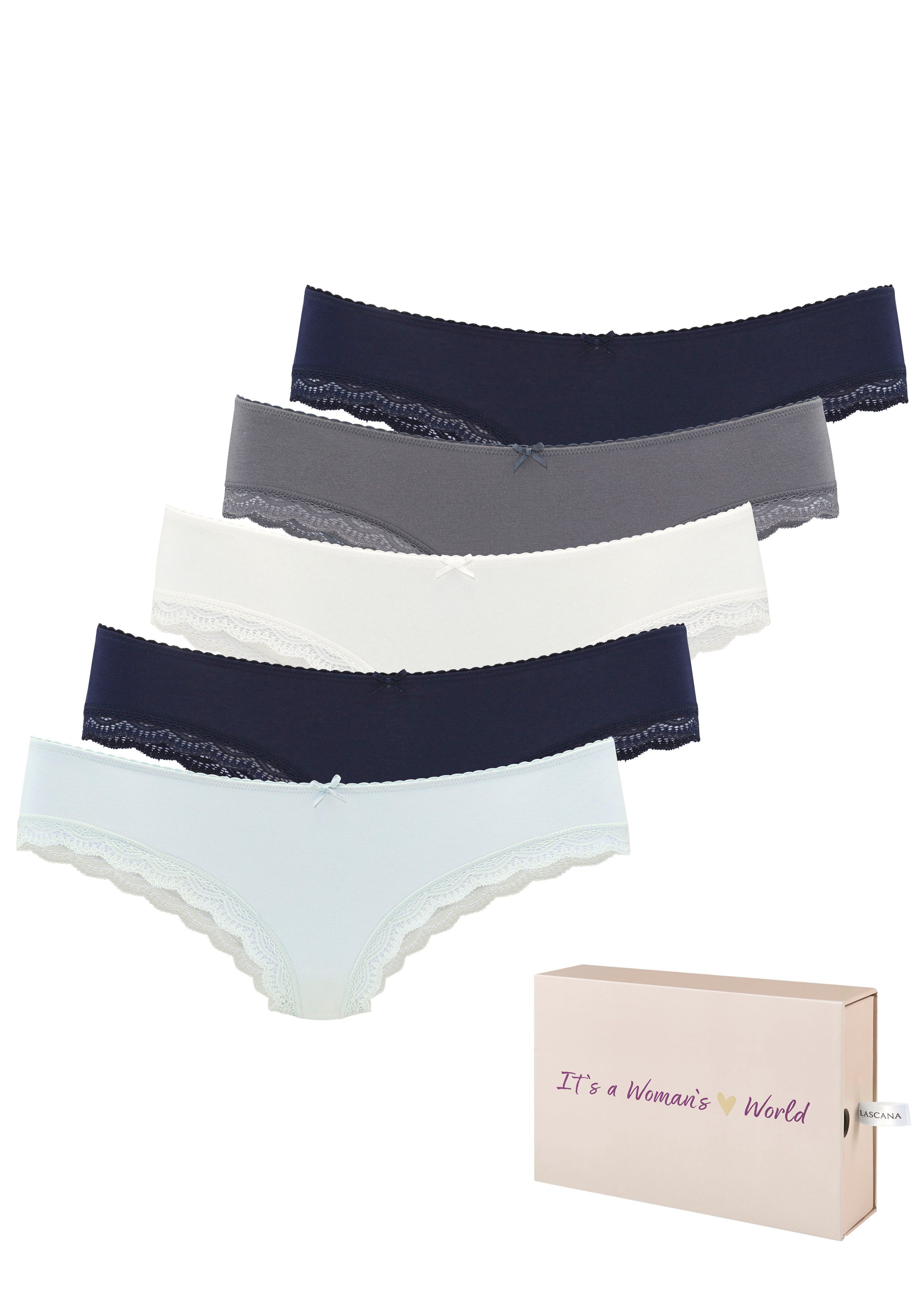 LASCANA Brasilslip (5er-Pack) aus elastischer Baumwolle mit zarter Spitze, mit Aufbewahrungsbox