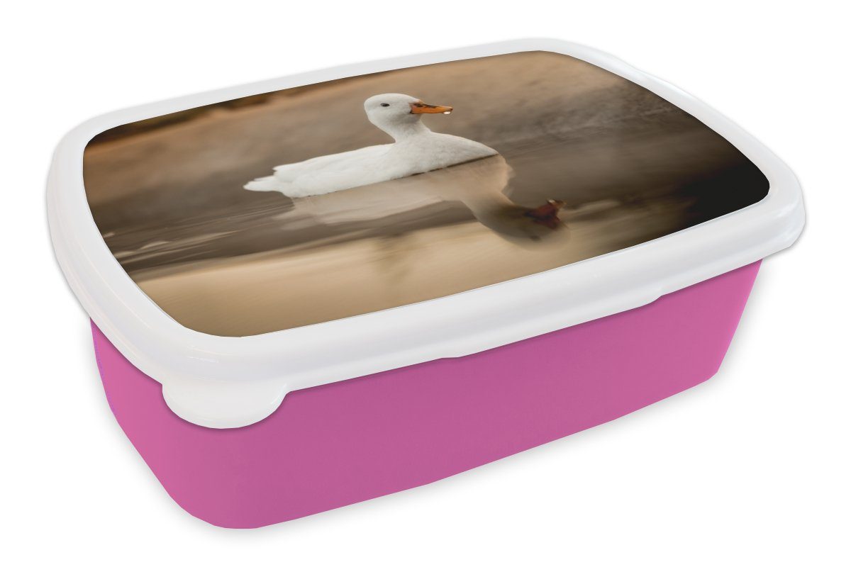 MuchoWow Lunchbox Ente - Vogel - Wasser - Weiß, Kunststoff, (2-tlg), Brotbox für Erwachsene, Brotdose Kinder, Snackbox, Mädchen, Kunststoff rosa