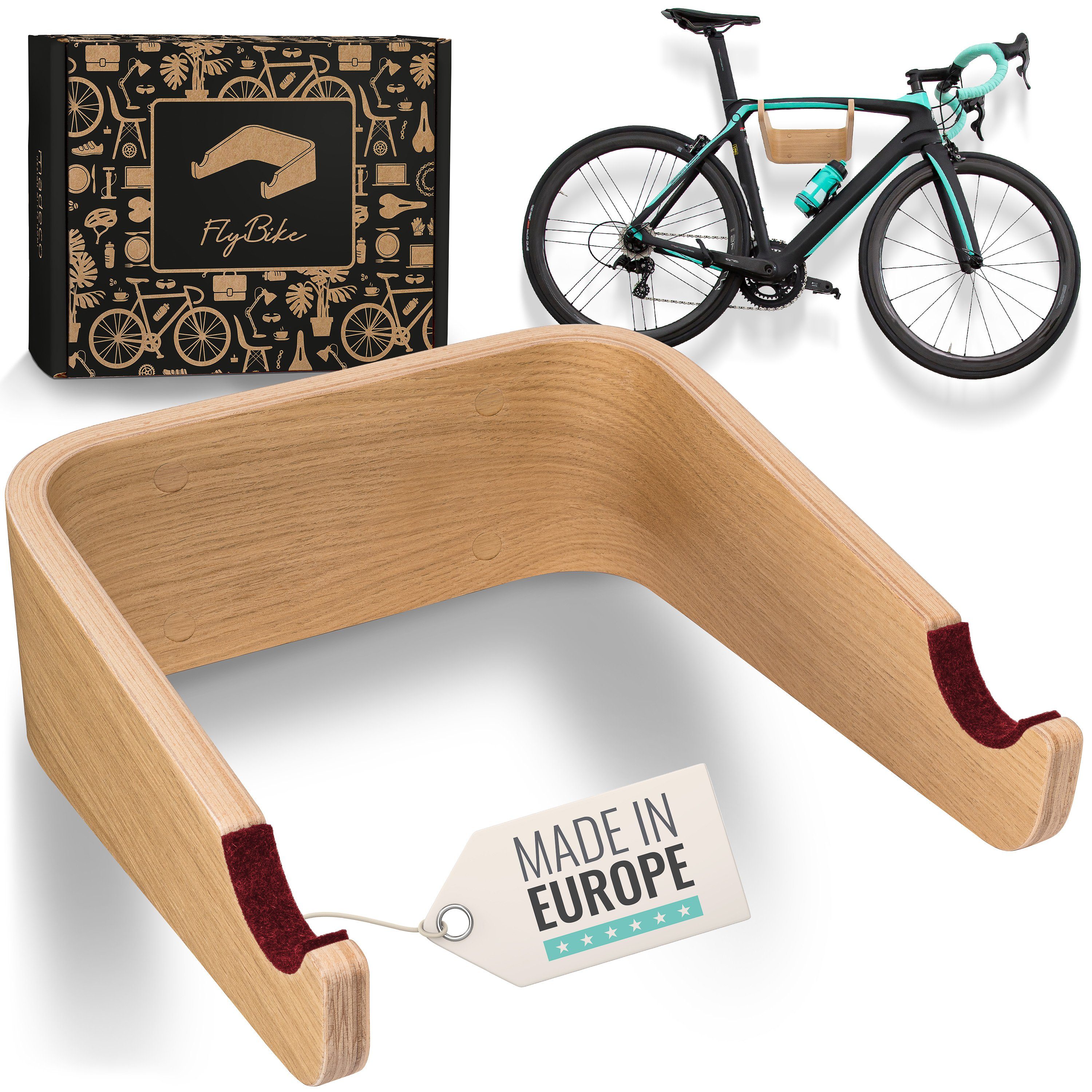 madeco Fahrradwandhalterung FlyBike Fahrrad Wandhalterung Holz - Design Fahrradhalter für Wohnung (mit Fischer Dübeln und Wollfilz Rahmenschutz), für Rennrad, Gravelbike, Mountainbike, Fixie